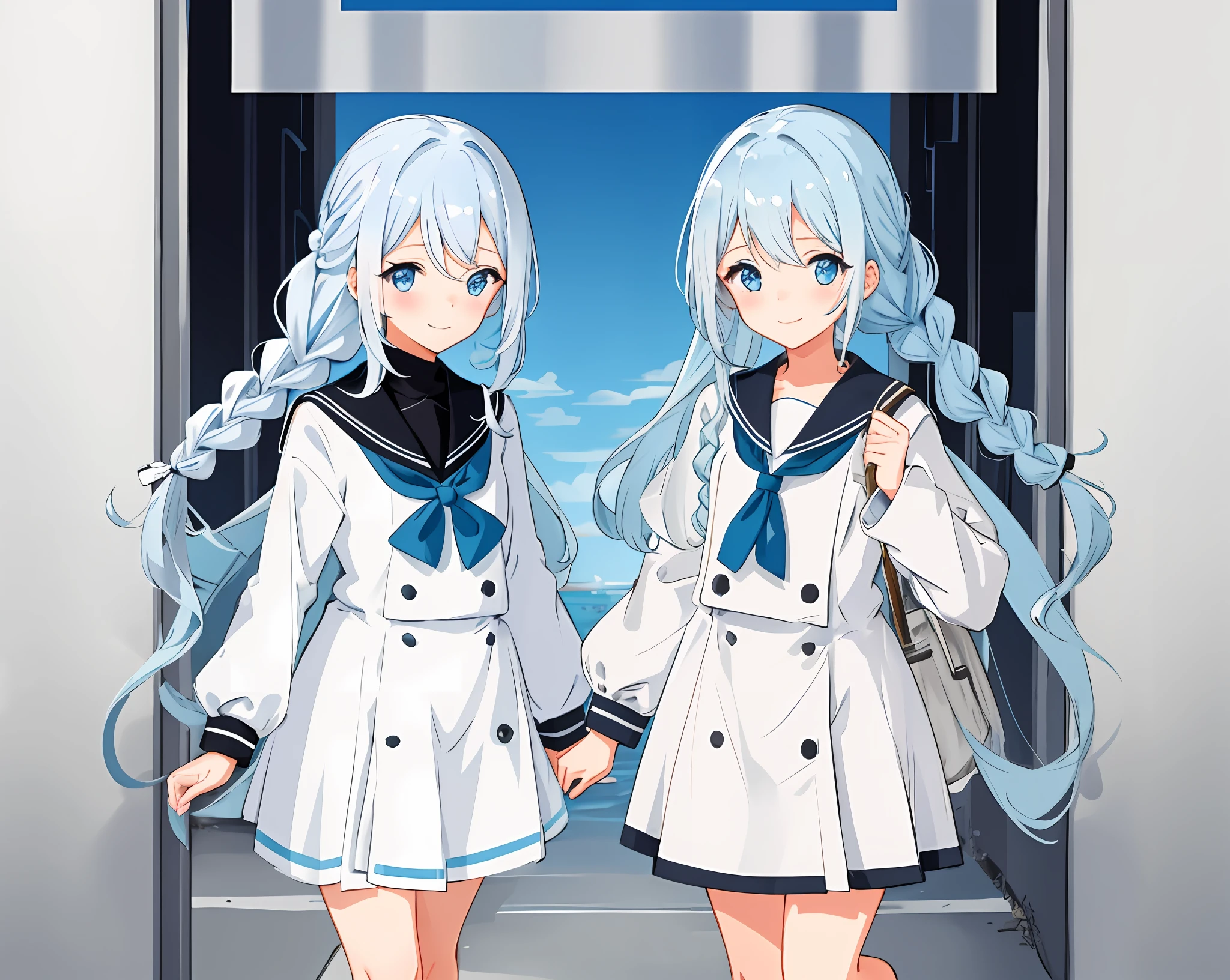 1 girl in、girl with、pastel blue eyes、white  hair、a smile、a sailor suit、Black sailor suit、looking at the viewers、Long、Braids
