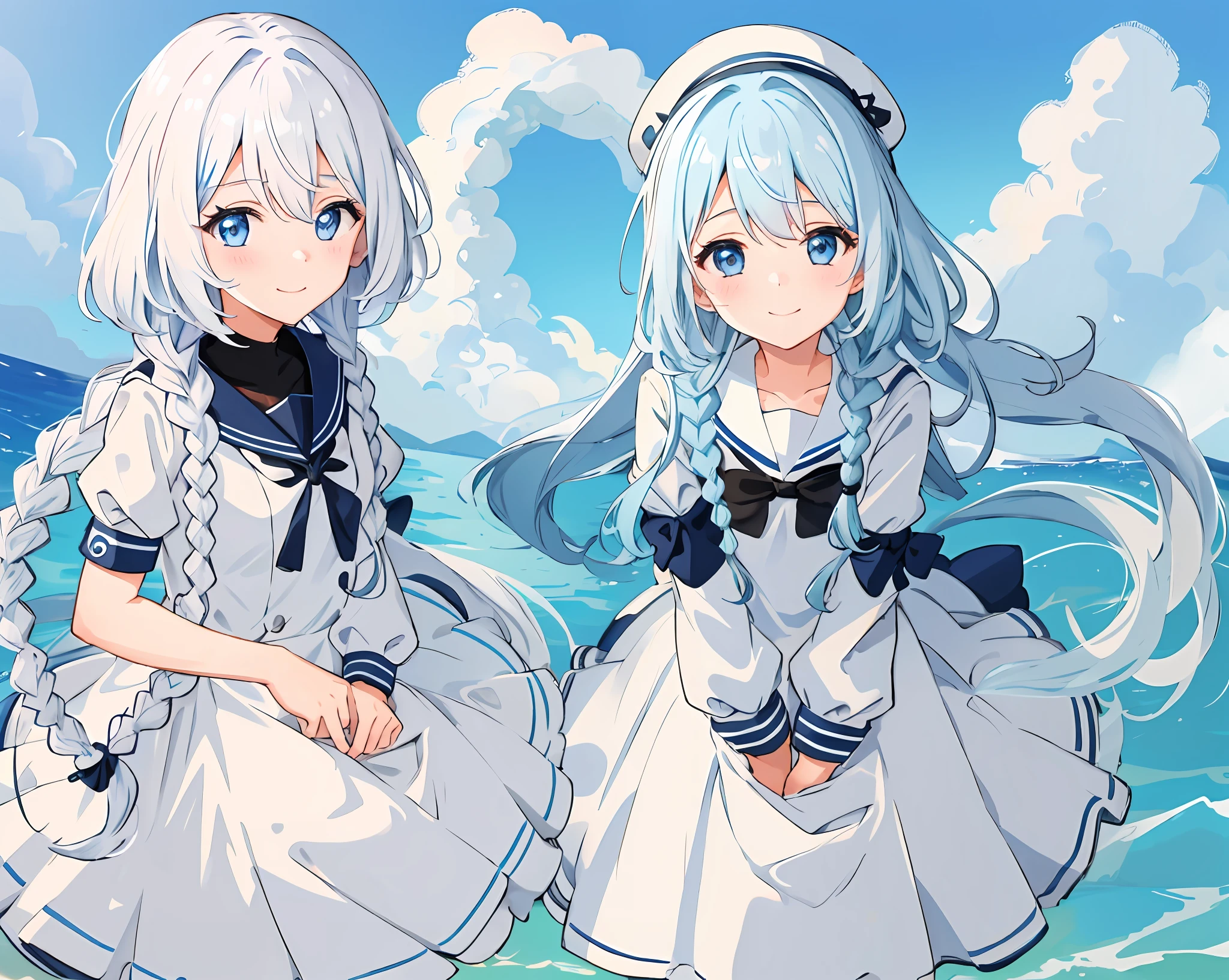 1 girl in、girl with、pastel blue eyes、white hair、a smile、a sailor suit、Black sailor suit、looking at the viewers、Long、Braids