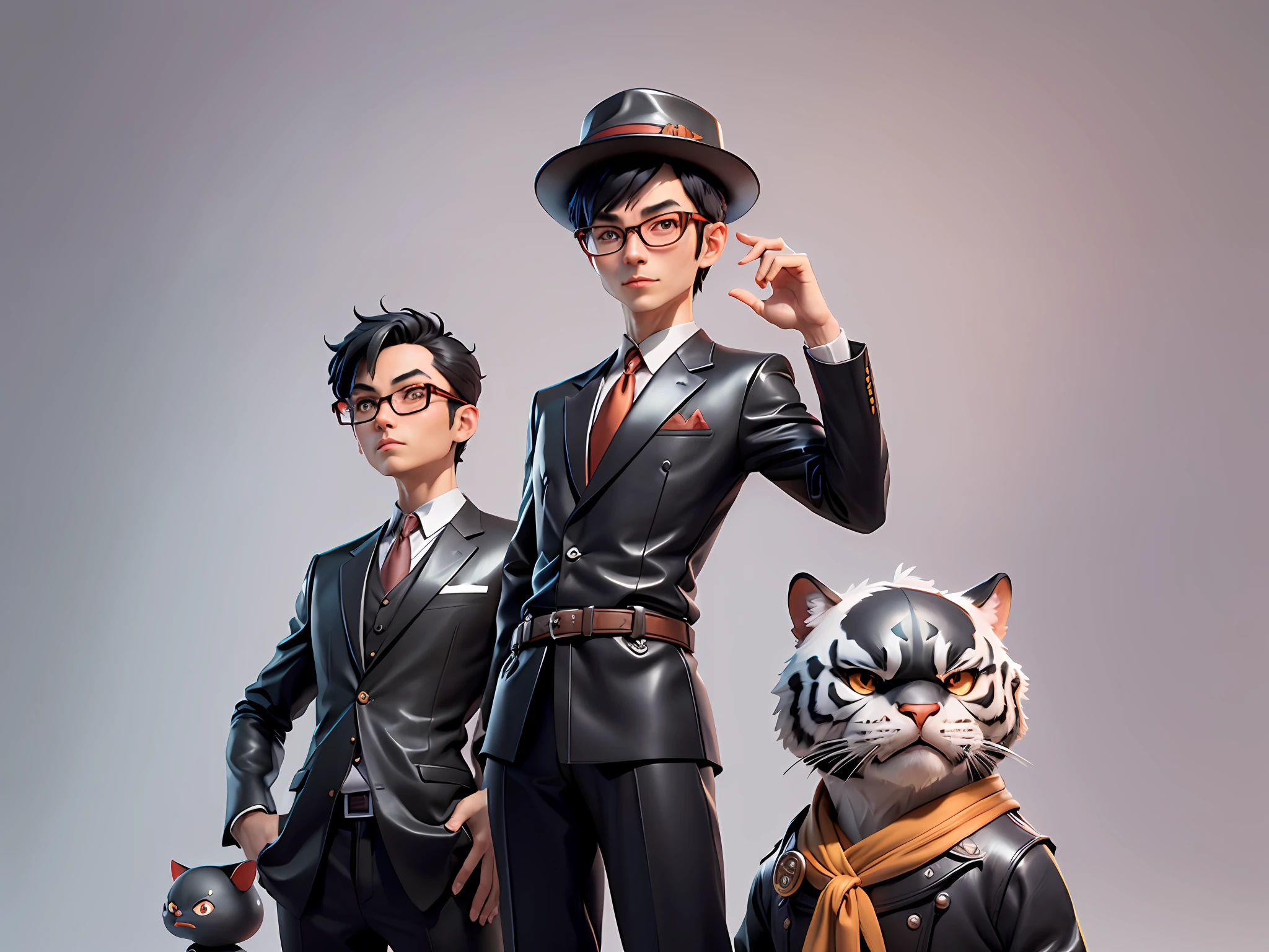Young man with oriental face in leather hat, tiger, oriental face in formal suit, short black hair, silver glasses, digital painting, 3D character design by Mark Clairedon and Pixar and Hayao Miyazaki and Akira Toriyama, the illustration is a high-definition illustration in 4K resolution with very detailed facial features and cartoon-style visuals.