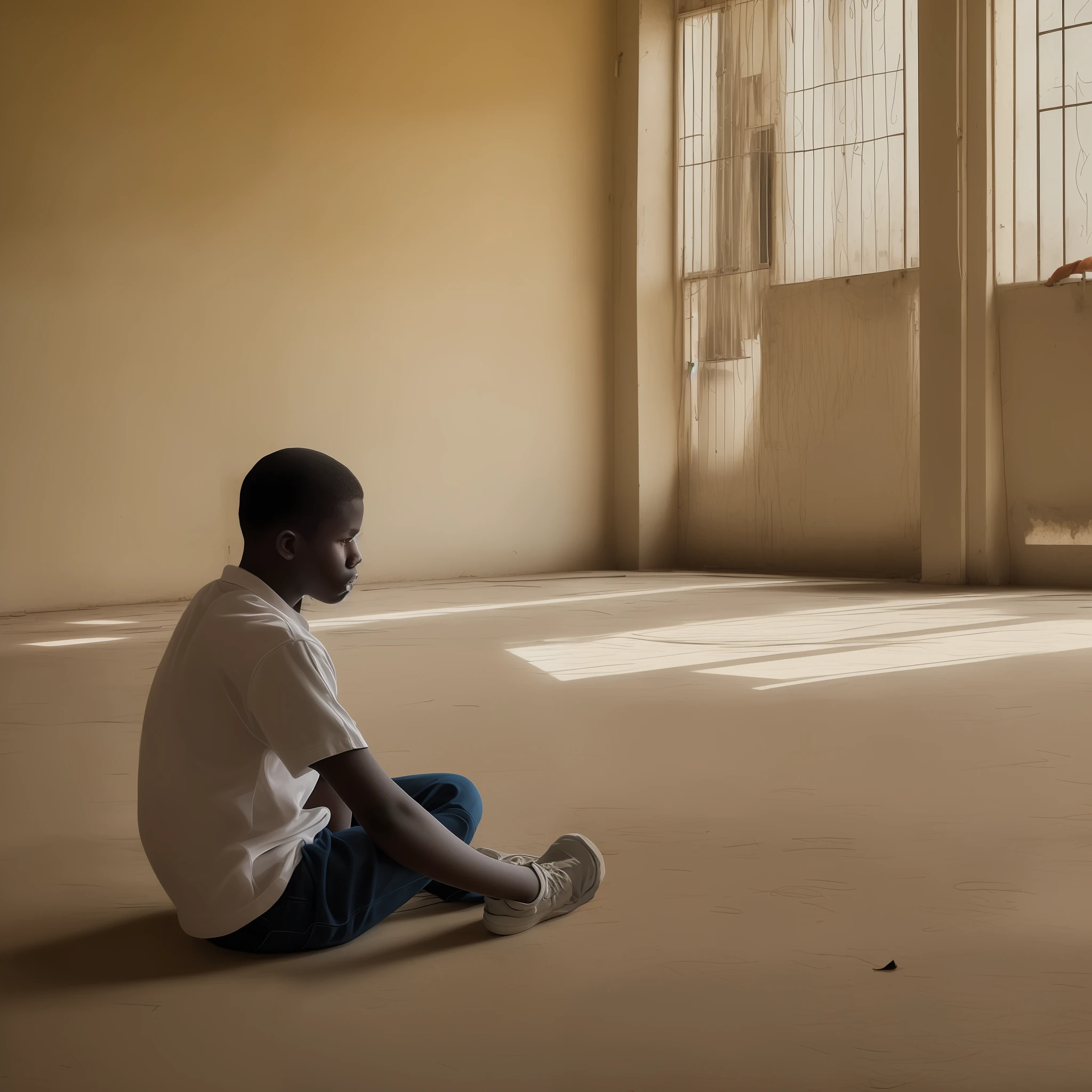 A student sitting on the floor of an empty school, pos vomba buclear |, lone, artistic work