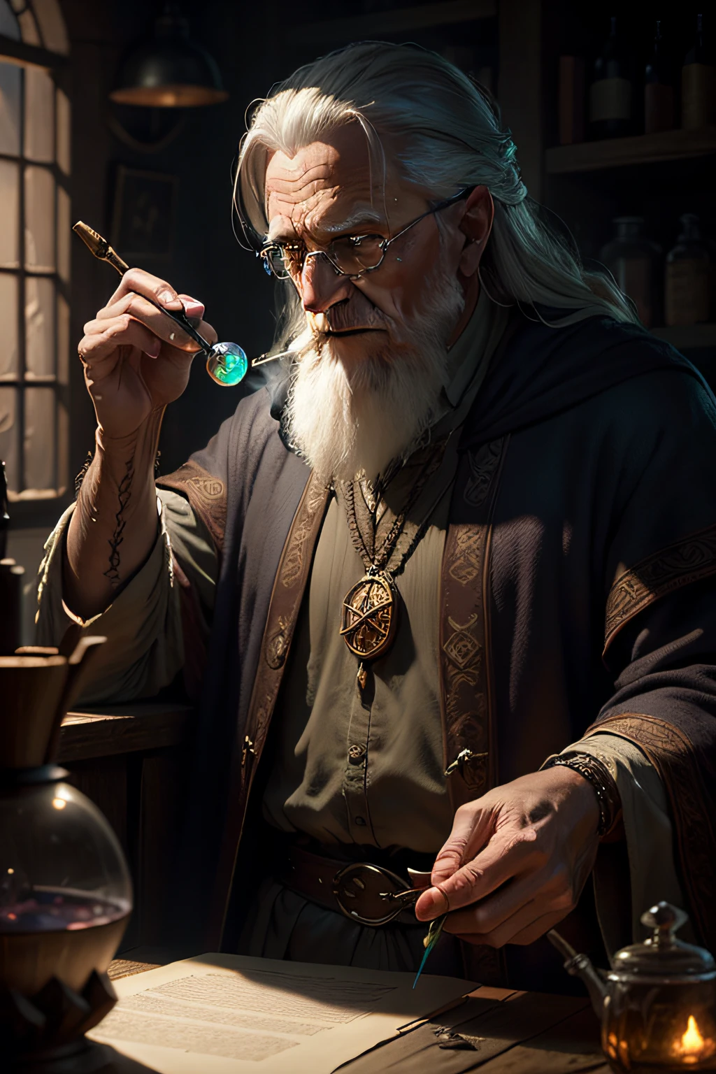 realistic, masterpiece, best quality, old wise wizard mixing potions, moody lighting, glow, glowing, mysterious, mystical, magical, rim lighting