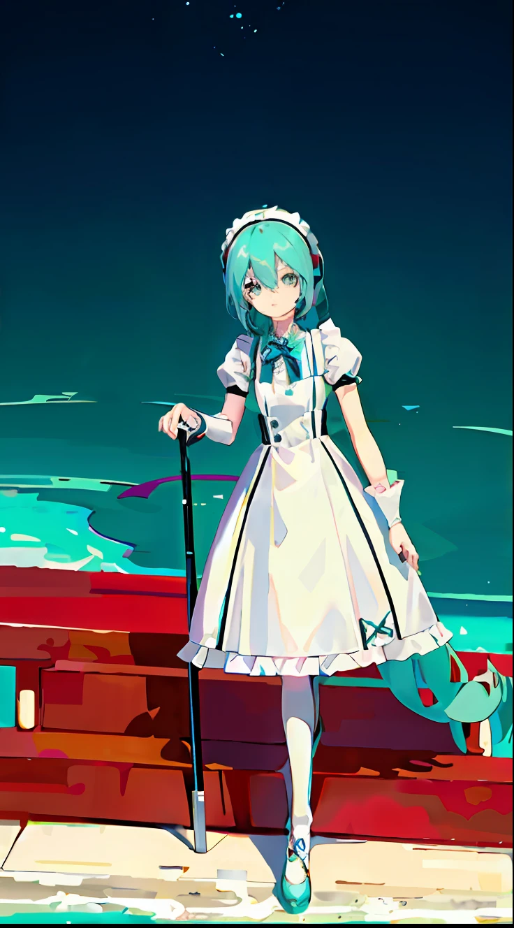 Anime character in white dress with a cane, anime girl in a maid costume, Loli in dresses；Height 1 meter 4，There is no left leg，There is no left leg，There is no left leg，anime girl with long blue hair and a white shirt and black skirt, Hatsune Miku, Portrait of Hatsune Miku, Hatsune Miku short hair, vocaloid, hatsune miku portrait, Os amigos, mikudayo, Anime girl with teal hair, Hatsune Miku cosplay, hatsune miku face, style of anime4 K, An anime girl, attractive anime girls