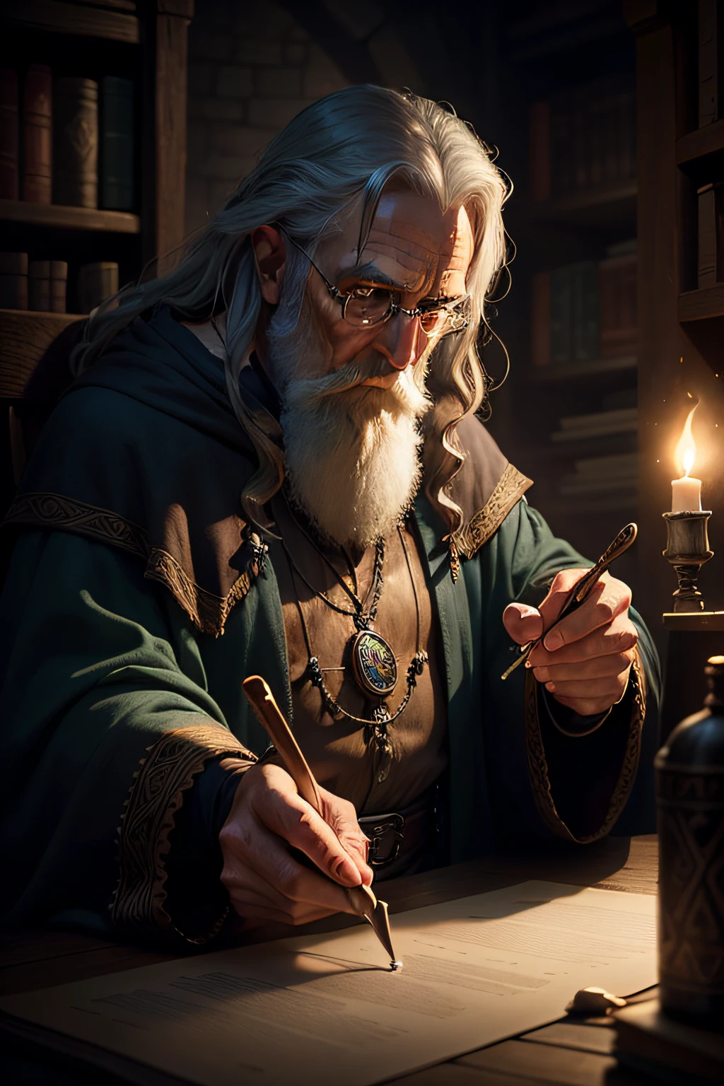 realistic, masterpiece, best quality, old wise wizard mixing potions, moody lighting, glow, glowing, mysterious, mystical, magical, rim lighting