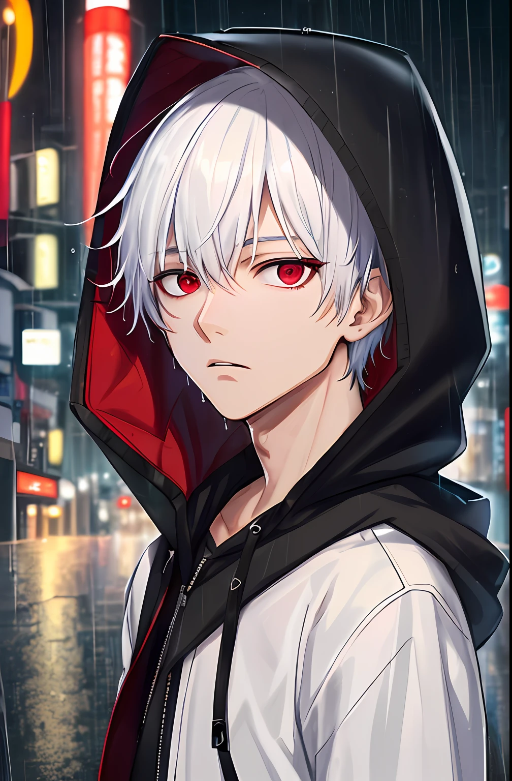 kk, best quality, more details, masterpiece, 1boy, kaneki ken, portrait, male focus, red eyes, solo, bangs, looking at viewer, hood, short hair, rain, tokyo tokyo \(city\), hood up, nail polish, white hair, luxurious, 8k, detailed, ray tracing, depth of field, cinematic lighting,