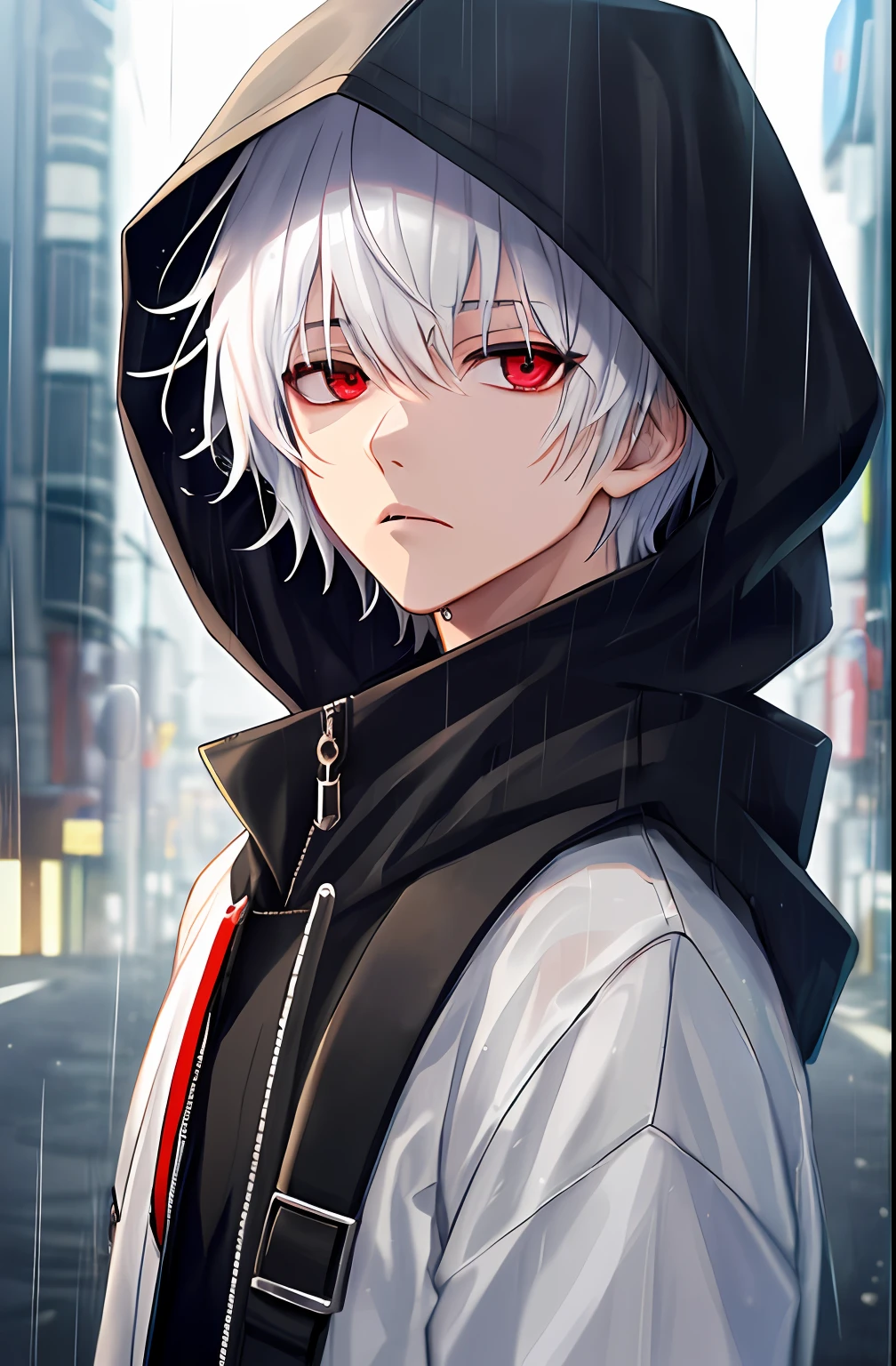 kk, best quality, more details, masterpiece, 1boy, kaneki ken, portrait, male focus, red eyes, solo, bangs, looking at viewer, hood, short hair, rain, tokyo tokyo \(city\), hood up, nail polish, white hair, luxurious, 8k, detailed, ray tracing, depth of field, cinematic lighting,