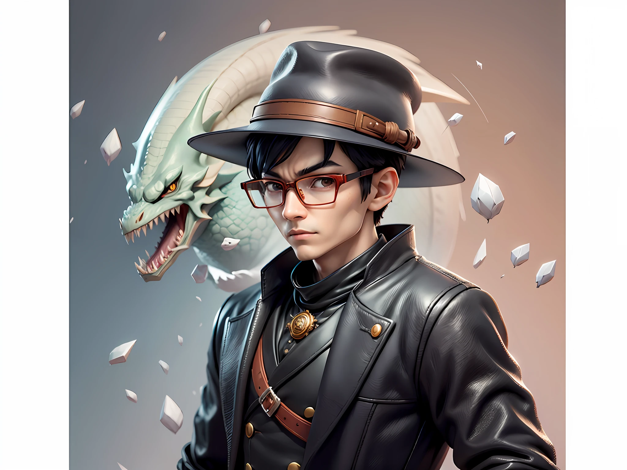 Young man with oriental face in leather hat, dragon, formal suit, short black hair, silver glasses, digital painting, 3D character design by Mark Clairedon and Pixar and Hayao Miyazaki and Akira Toriyama, the illustration is a high-definition illustration in 4K resolution with very detailed facial features and cartoon-style visuals.
