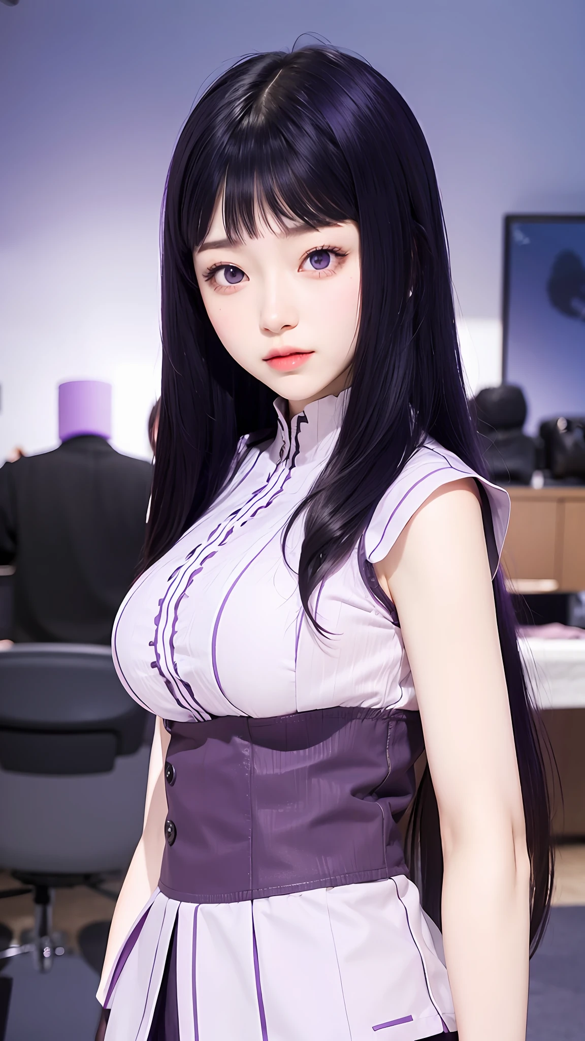 1girl, hyuga hinata, purple hair, white eyes, long hair, purple clothes, big breasts, realistic, ultra detail, indoor background