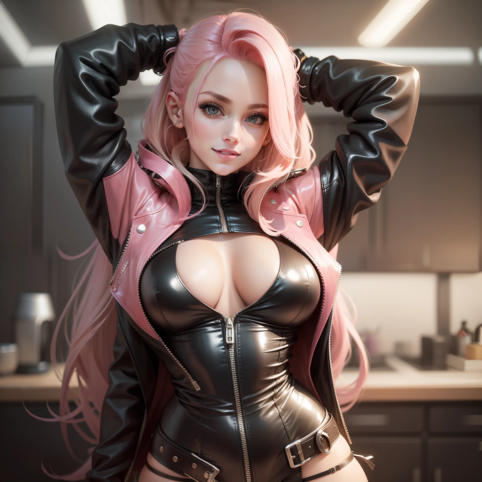 leather jackets Bodysuits girl with cyberpunked a smile top-quality beautiful a girl a beauty girl masterpiece Detailed skin Pink hair a blond poneyTail huge tit