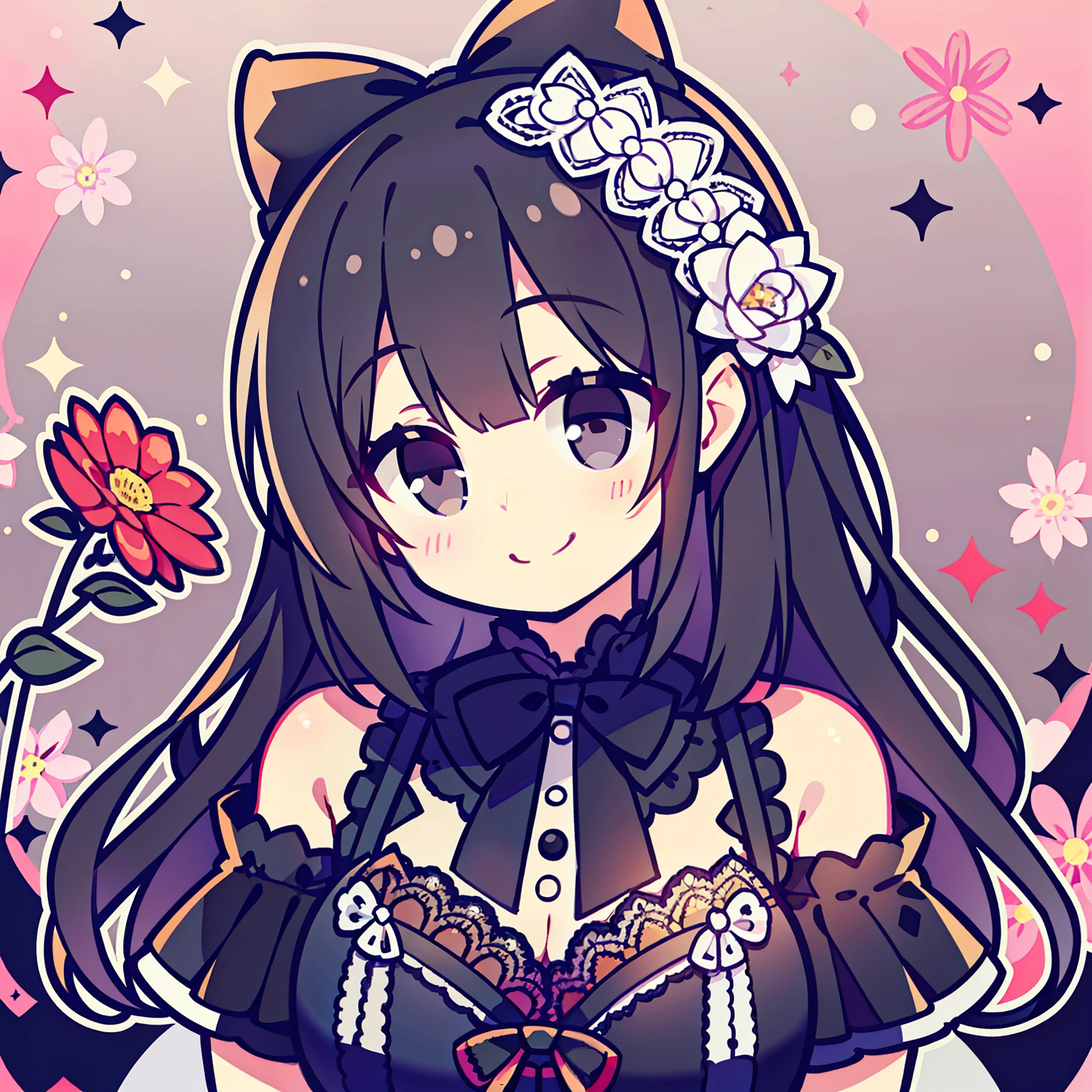 black eyes, cute bow beside the cheek, delighted smile, lace trims on shoulders,holding flower, smiling happily