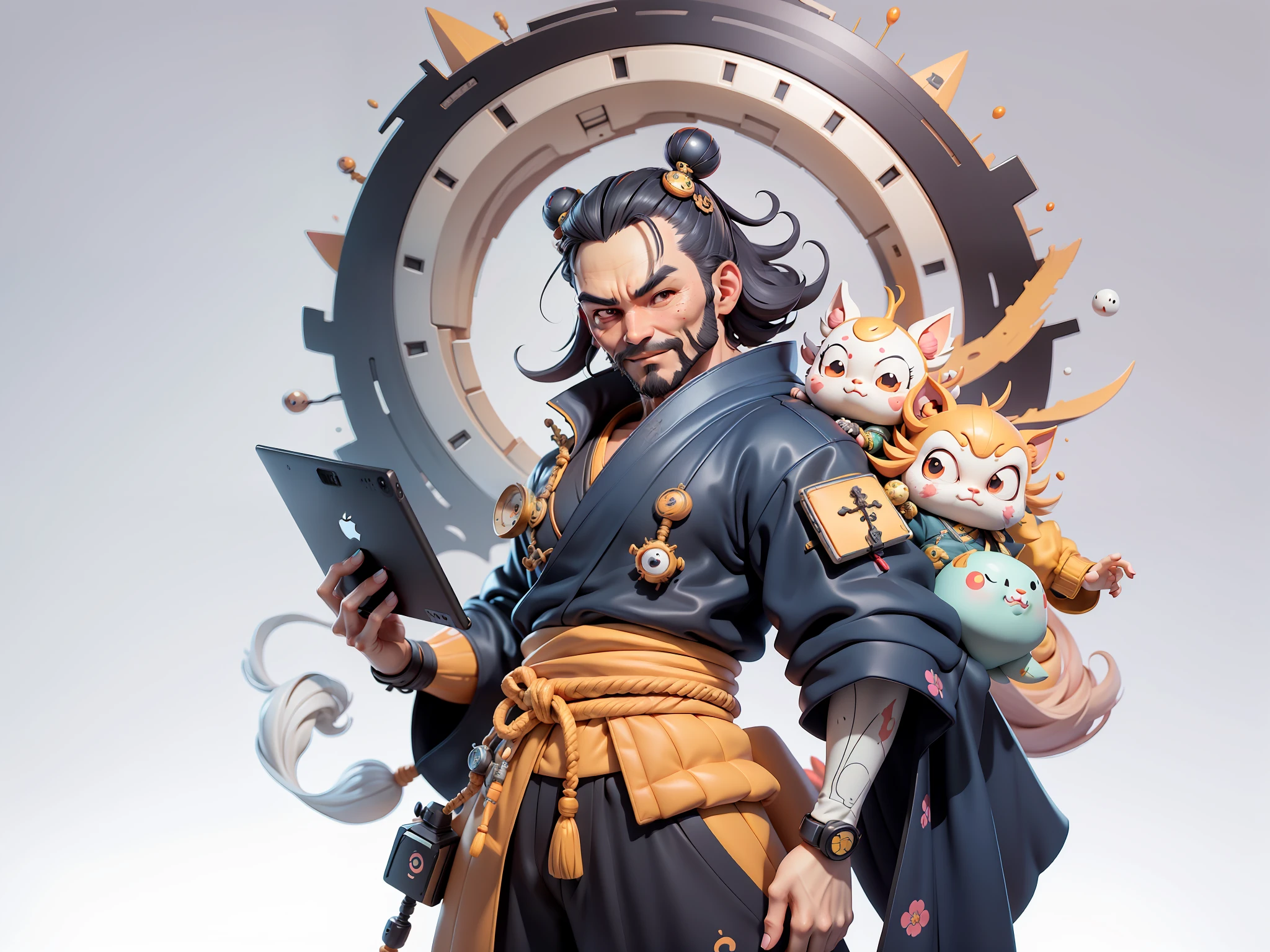 (Daisaku),(Need),(Super meticulous),(full bodyesbian:1.2),Japanese ukiyo-e girl，japanese geisha，Beautiful，Oriental dragon，Aeolian Thor，Raised sexy，爆乳，Oriental face，TV Anchor，Bust portrait illustration，Alone，In black suit，a blue tie，The face is slightly chubby，The face was clean，without a beard，Black super short hair，Black eyes，Smile confidently，3C computer sub-products，iPad， iphone，Digital painting，3D character design by Mark Clairen and Pixar and Hayao Miyazaki and Akira Toriyama，The illustration is a high-definition illustration in 4K resolution，With very detailed facial features and cartoon-style visuals。