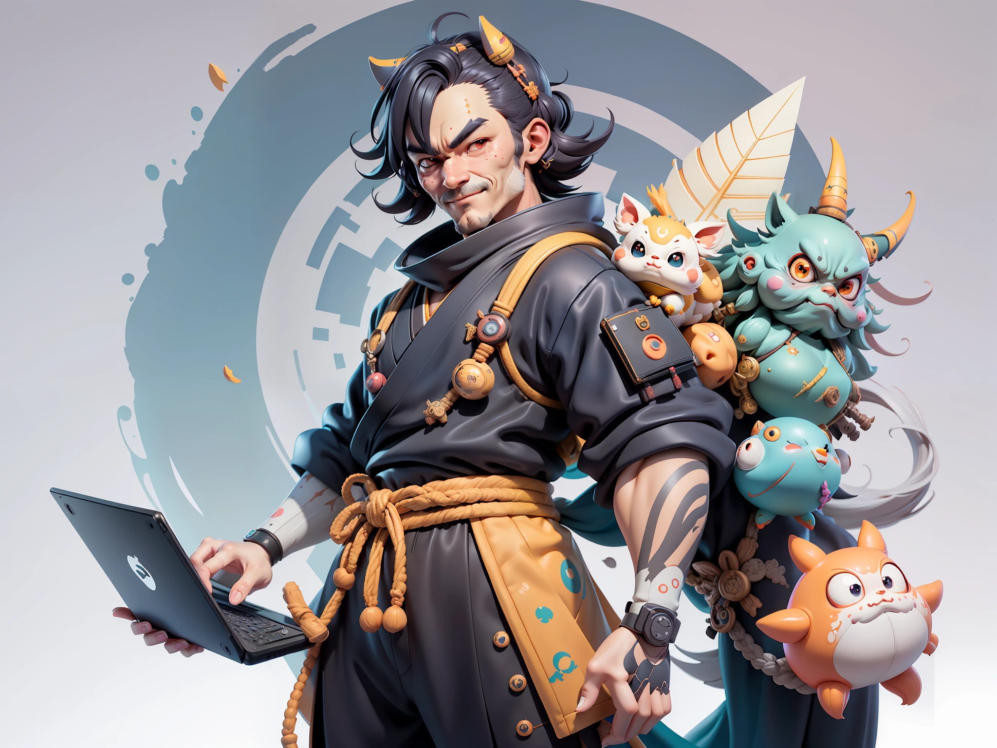 (Daisaku),(Need),(Super meticulous),(full bodyesbian:1.2),Japanese ukiyo-e girl，japanese geisha，Beautiful，Oriental dragon，Aeolian Thor，Raised sexy，爆乳，Oriental face，TV Anchor，Bust portrait illustration，Alone，In black suit，a blue tie，The face is slightly chubby，The face was clean，without a beard，Black super short hair，Black eyes，Smile confidently，3C computer sub-products，iPad， iphone，Digital painting，3D character design by Mark Clairen and Pixar and Hayao Miyazaki and Akira Toriyama，The illustration is a high-definition illustration in 4K resolution，With very detailed facial features and cartoon-style visuals。