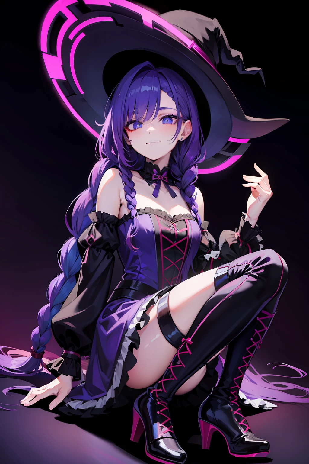 Red hair,femboy,braided ponytail,smile,cross dressing,gothic ta,witch hat,blue eyes,purple dress,high heel boots,blacklight,best quailty,masterpiece,1boy,solo