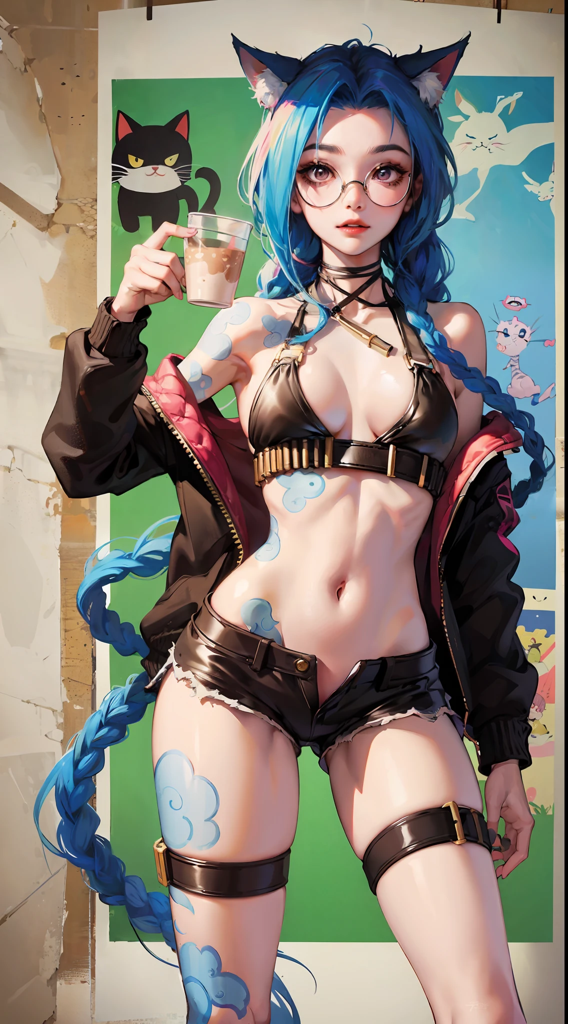 Jinx,Fleshy thighs,Poster publicity style,poster background,C cup,wears glasses,Ultra shorts,milk tea, cats