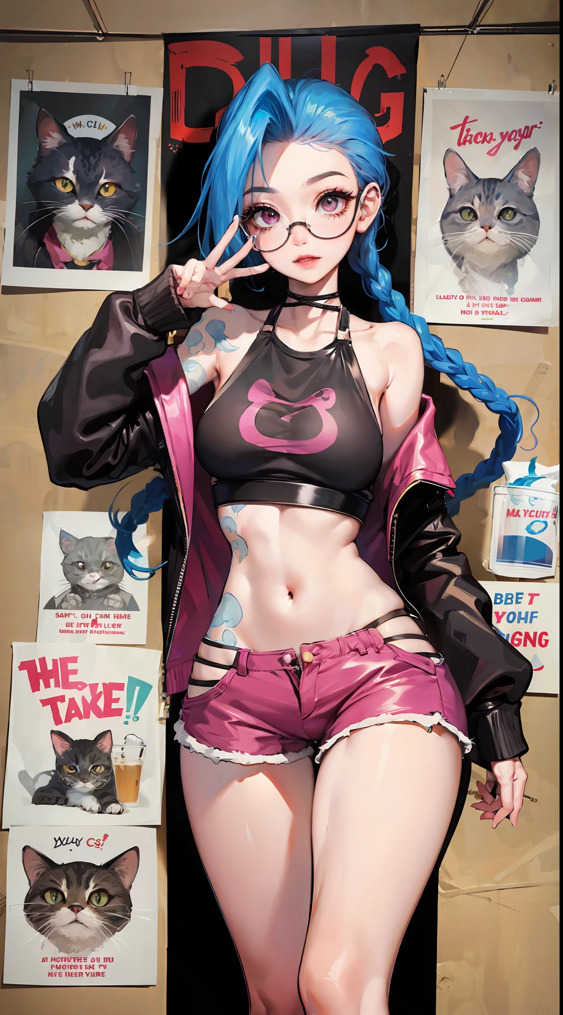 Jinx,Fleshy thighs，Poster publicity style，poster background，C cup，wears glasses，Ultra shorts，milk tea，baby cats