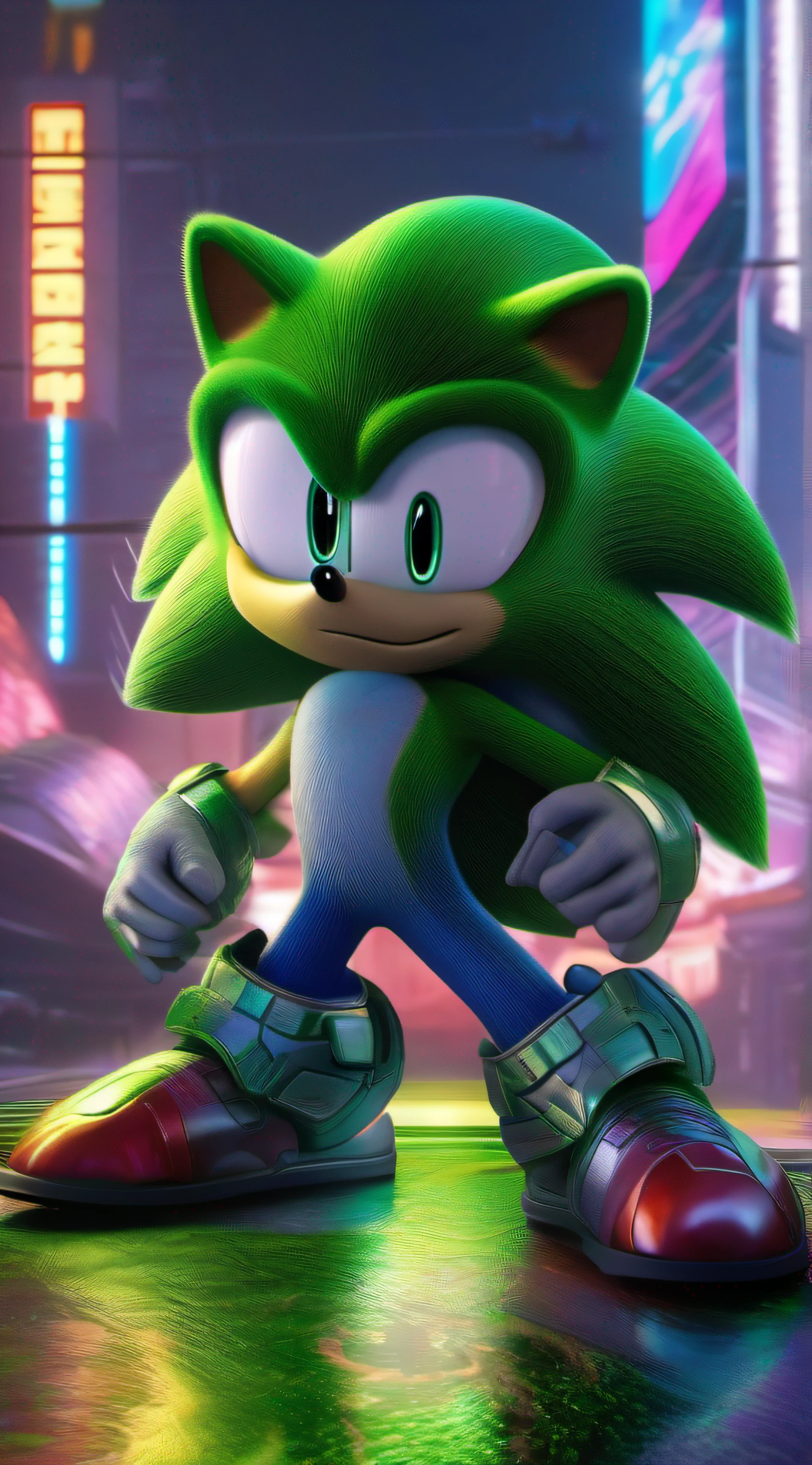 "A fully detailed, hyper realistic depiction of Sonic the Hedgehog in a cyberpunk-inspired futuristic setting. The center of attention is a vibrant and dynamic Hulk green logo. The image is in magnificent 8k resolution, exuding a cinematic and visually striking atmosphere."