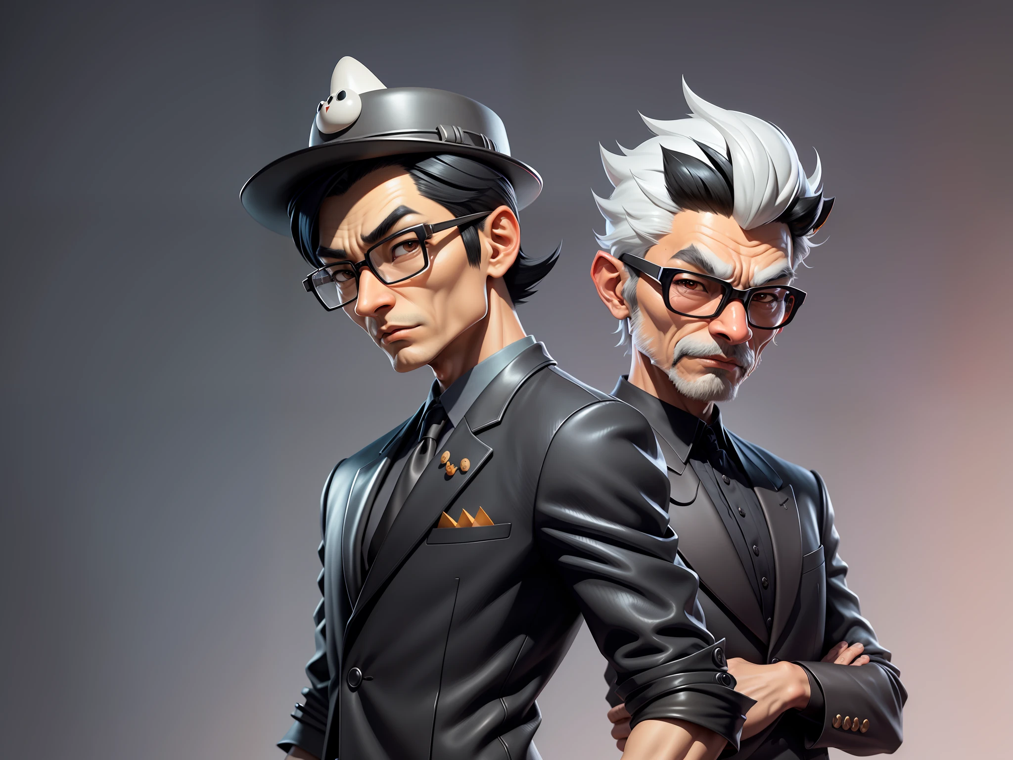 Young man with oriental face in leather hat, tiger, oriental face in formal suit, short black hair, silver glasses, digital painting, 3D character design by Mark Clairedon and Pixar and Hayao Miyazaki and Akira Toriyama, the illustration is a high-definition illustration in 4K resolution with very detailed facial features and cartoon-style visuals.