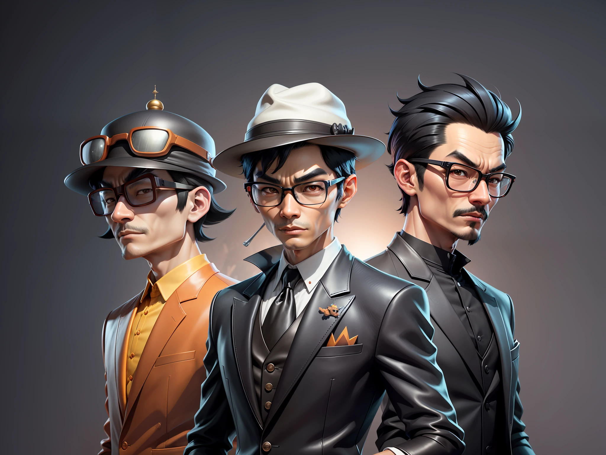 Young man with oriental face in leather hat, tiger, oriental face in formal suit, short black hair, silver glasses, digital painting, 3D character design by Mark Clairedon and Pixar and Hayao Miyazaki and Akira Toriyama, the illustration is a high-definition illustration in 4K resolution with very detailed facial features and cartoon-style visuals.