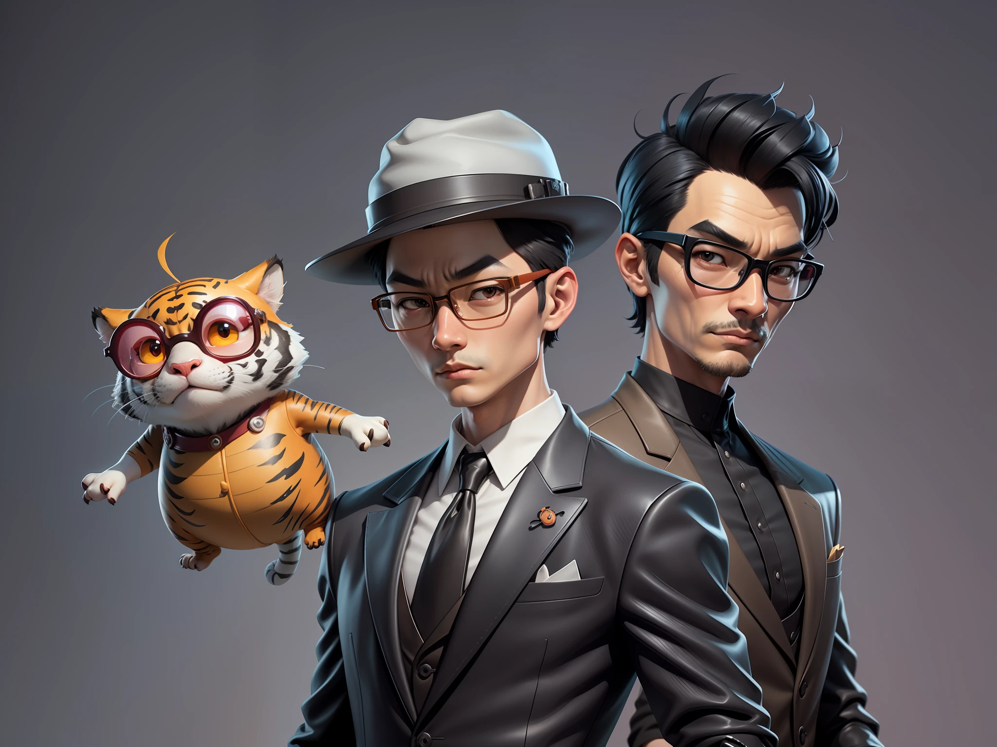 Young man with oriental face in leather hat, tiger, oriental face in formal suit, short black hair, silver glasses, digital painting, 3D character design by Mark Clairedon and Pixar and Hayao Miyazaki and Akira Toriyama, the illustration is a high-definition illustration in 4K resolution with very detailed facial features and cartoon-style visuals.