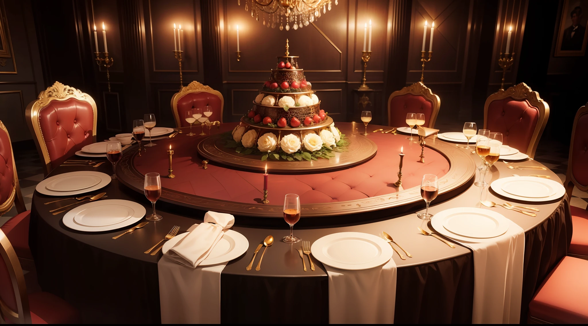 A grand banquet table set with sumptuous food and elaborate decorations.