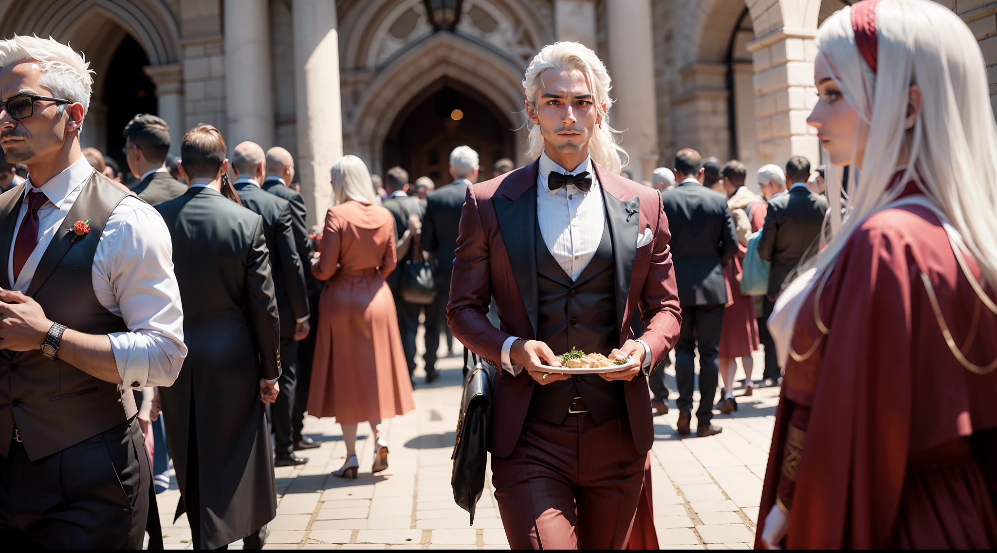 People arriving in fine clothing to attend the feast.