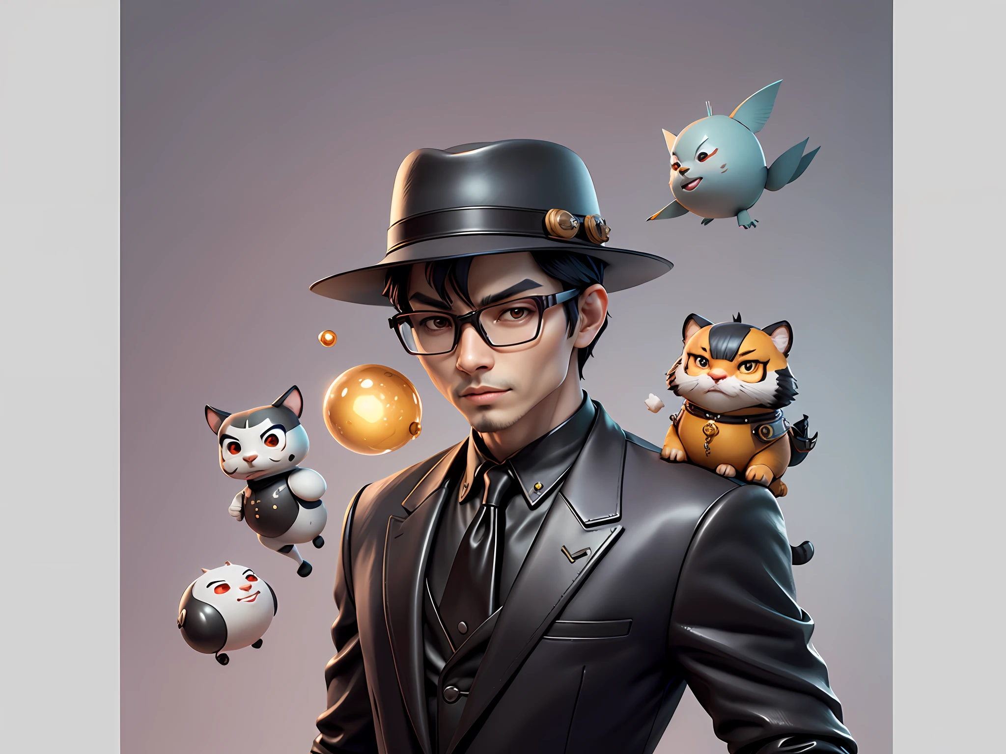 Young man with oriental face in leather hat, tiger, oriental face in formal suit, short black hair, silver glasses, digital painting, 3D character design by Mark Clairedon and Pixar and Hayao Miyazaki and Akira Toriyama, the illustration is a high-definition illustration in 4K resolution with very detailed facial features and cartoon-style visuals.