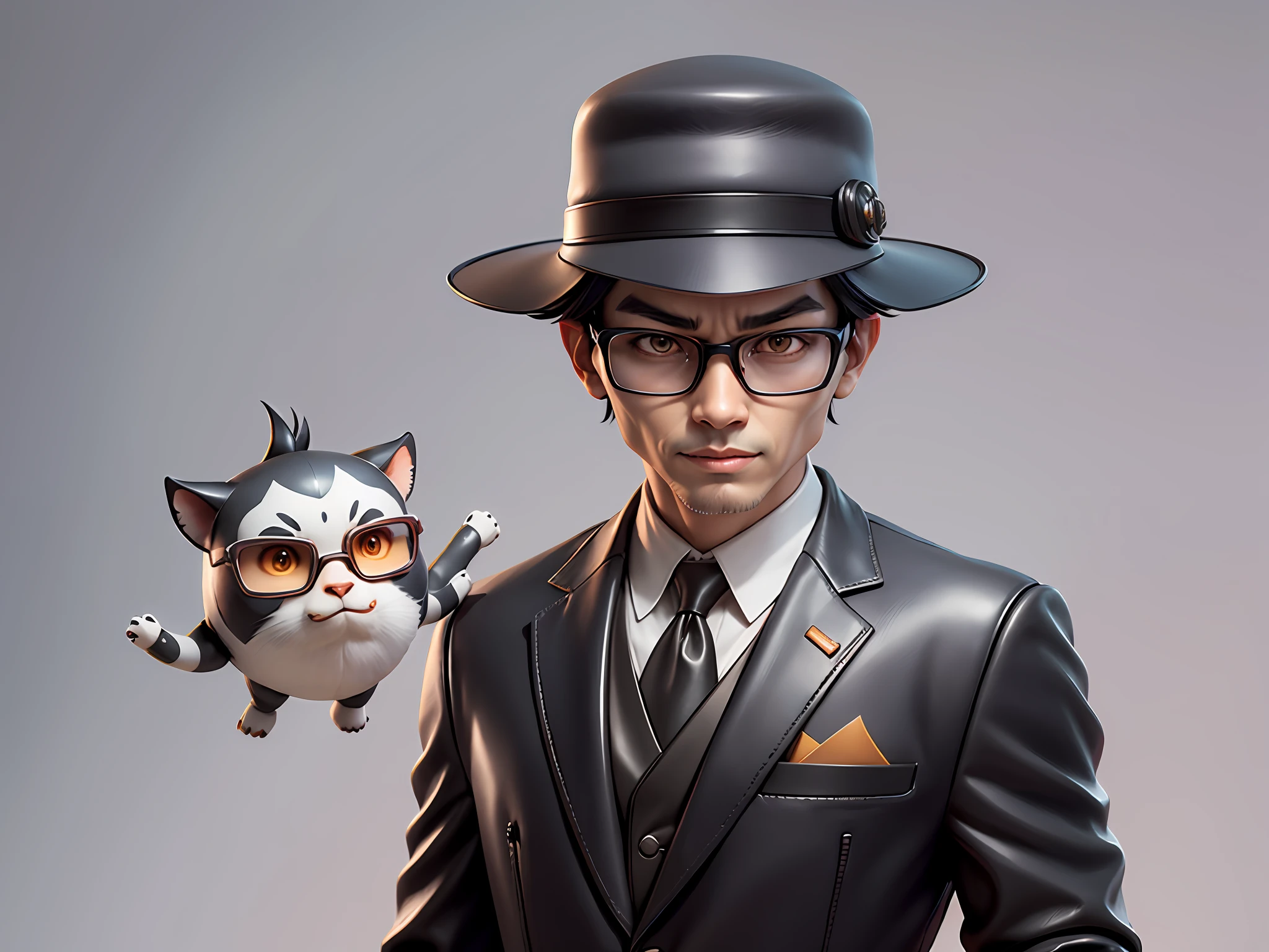 Young man with oriental face in leather hat, tiger, oriental face in formal suit, short black hair, silver glasses, digital painting, 3D character design by Mark Clairedon and Pixar and Hayao Miyazaki and Akira Toriyama, the illustration is a high-definition illustration in 4K resolution with very detailed facial features and cartoon-style visuals.