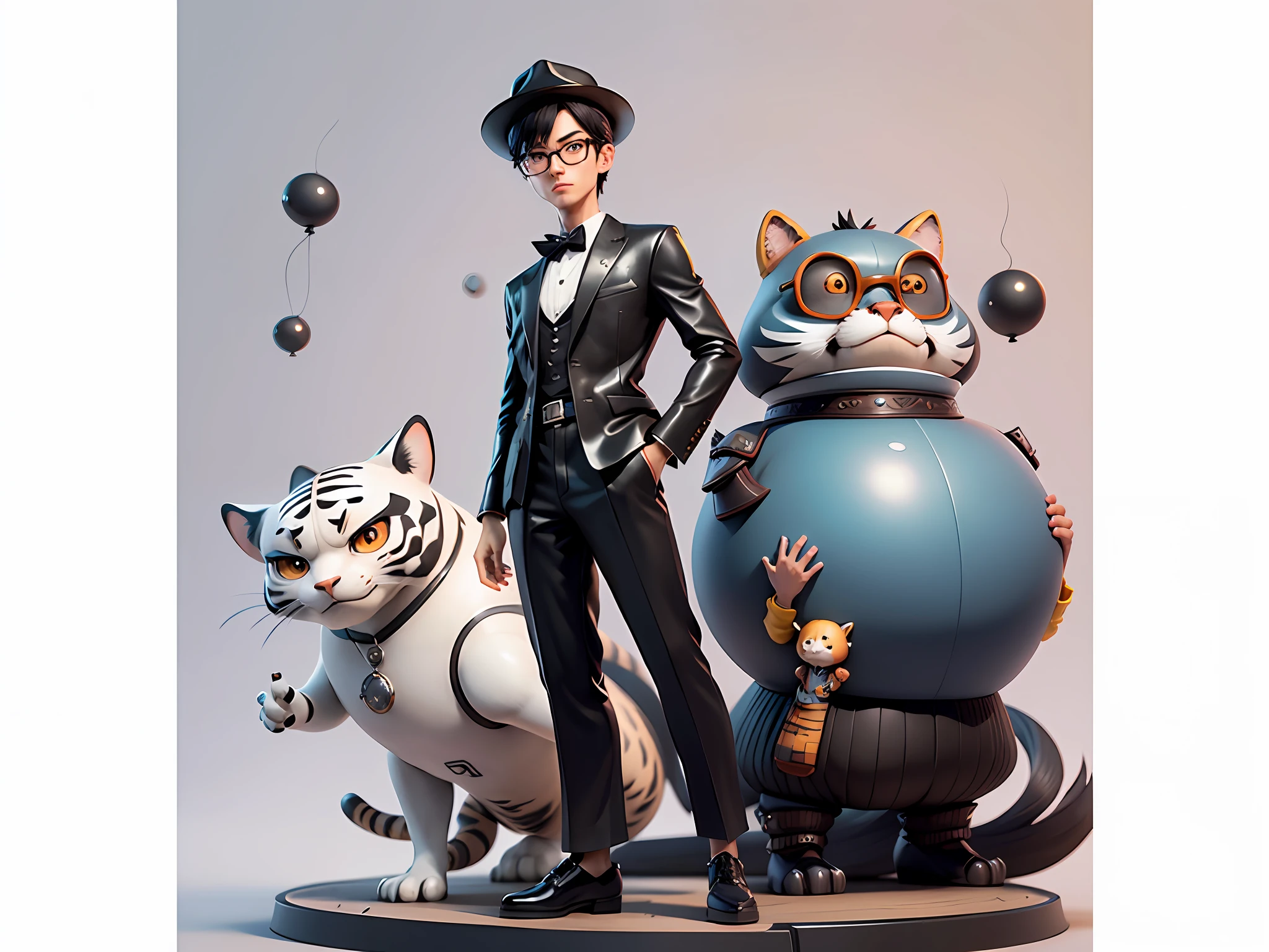 Young man with oriental face in leather hat, tiger, oriental face in formal suit, short black hair, silver glasses, digital painting, 3D character design by Mark Clairedon and Pixar and Hayao Miyazaki and Akira Toriyama, the illustration is a high-definition illustration in 4K resolution with very detailed facial features and cartoon-style visuals.