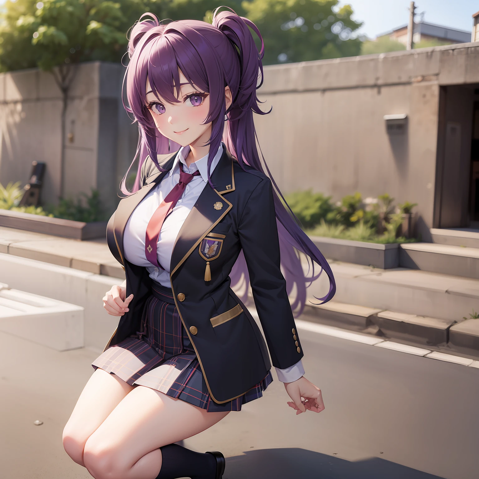 Loose Socks　校服、blazers、a smile、１６Year old girl　Long　Purple hair　top-quality　​masterpiece　超A high resolution　　beautiful a girl　huge tit