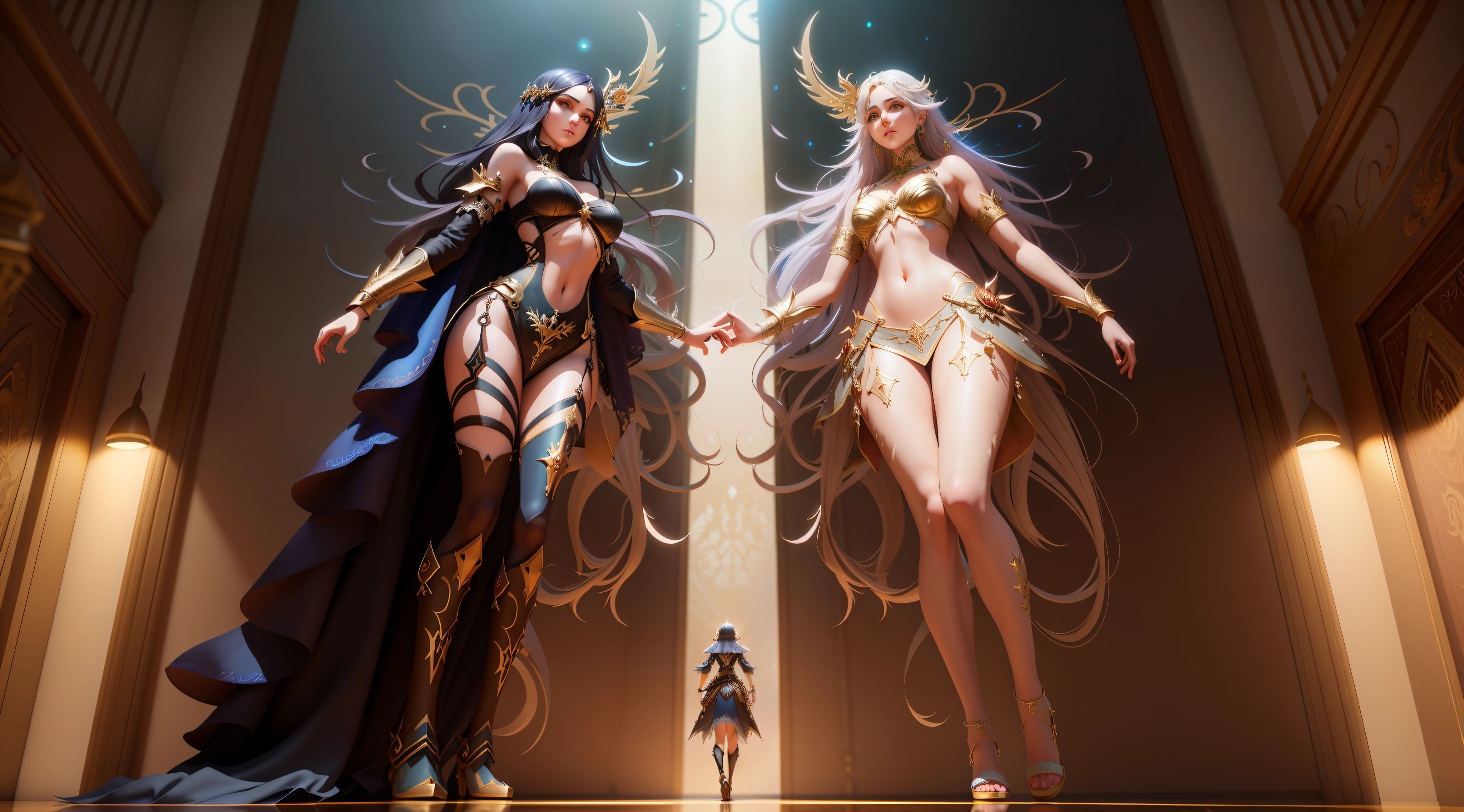 duas mulheres fantasiadas ao lado de uma cruz alta, 2. 5 d cgi anime fantasia arte, unreal engine render + uma deusa, rossdraws volumetric lighting, 3 d render arte do caractere 8 k, deviantart artstation cgscosiety, deusa. Detalhes extremamente altos, arte de fantasia digital 2d, Symmetrical Epic Fantasy Art, arte fantasia behance