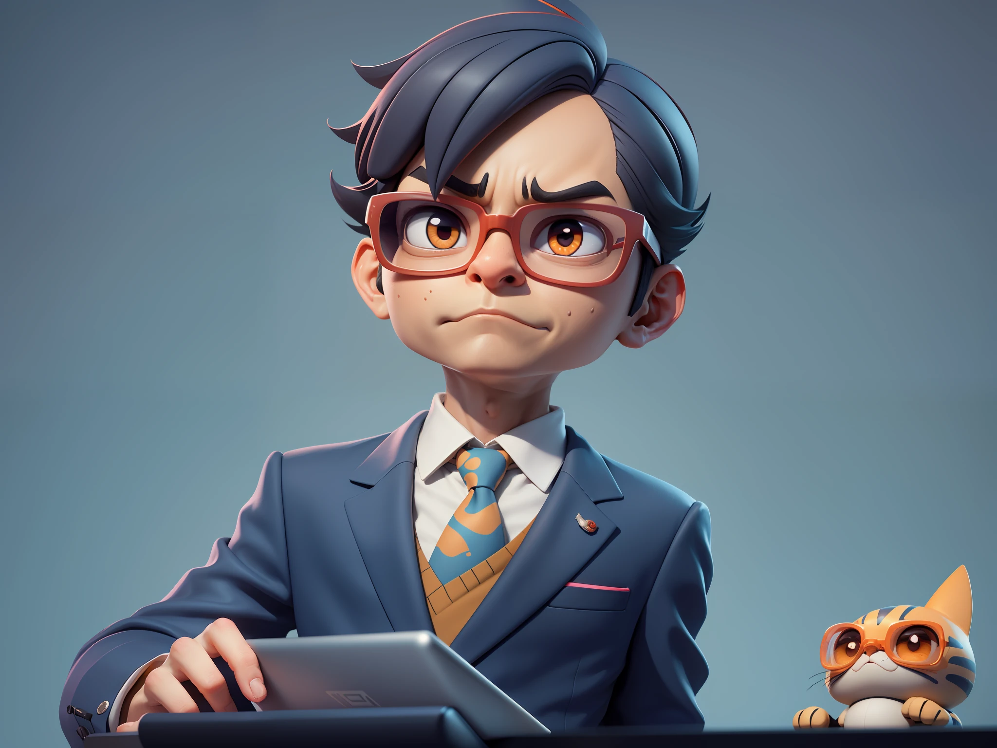 A young man in a suit, Short hair and glasses sat at his desk，holding laptop，digitial painting，tigre，3D character design by Mark Clairen and Pixar and Hayao Miyazaki and Akira Toriyama，4K HD illustration，Very detailed facial features and cartoon-style visuals。