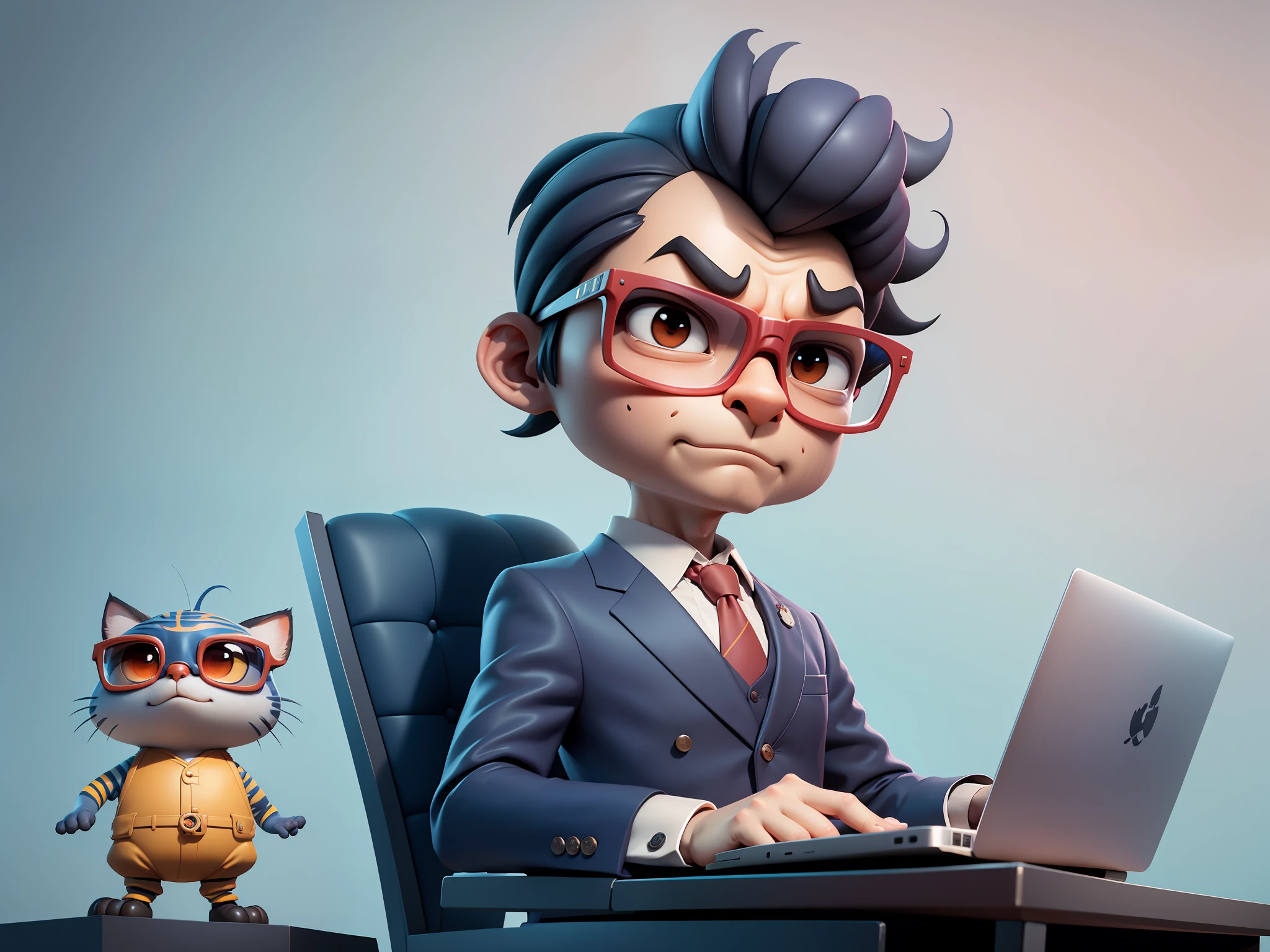 A young man in a suit, Short hair and glasses sat at his desk,holding laptop,digitial painting,tigre,3D character design by Mark Clairen and Pixar and Hayao Miyazaki and Akira Toriyama,4K HD illustration,Very detailed facial features and cartoon-style visuals。