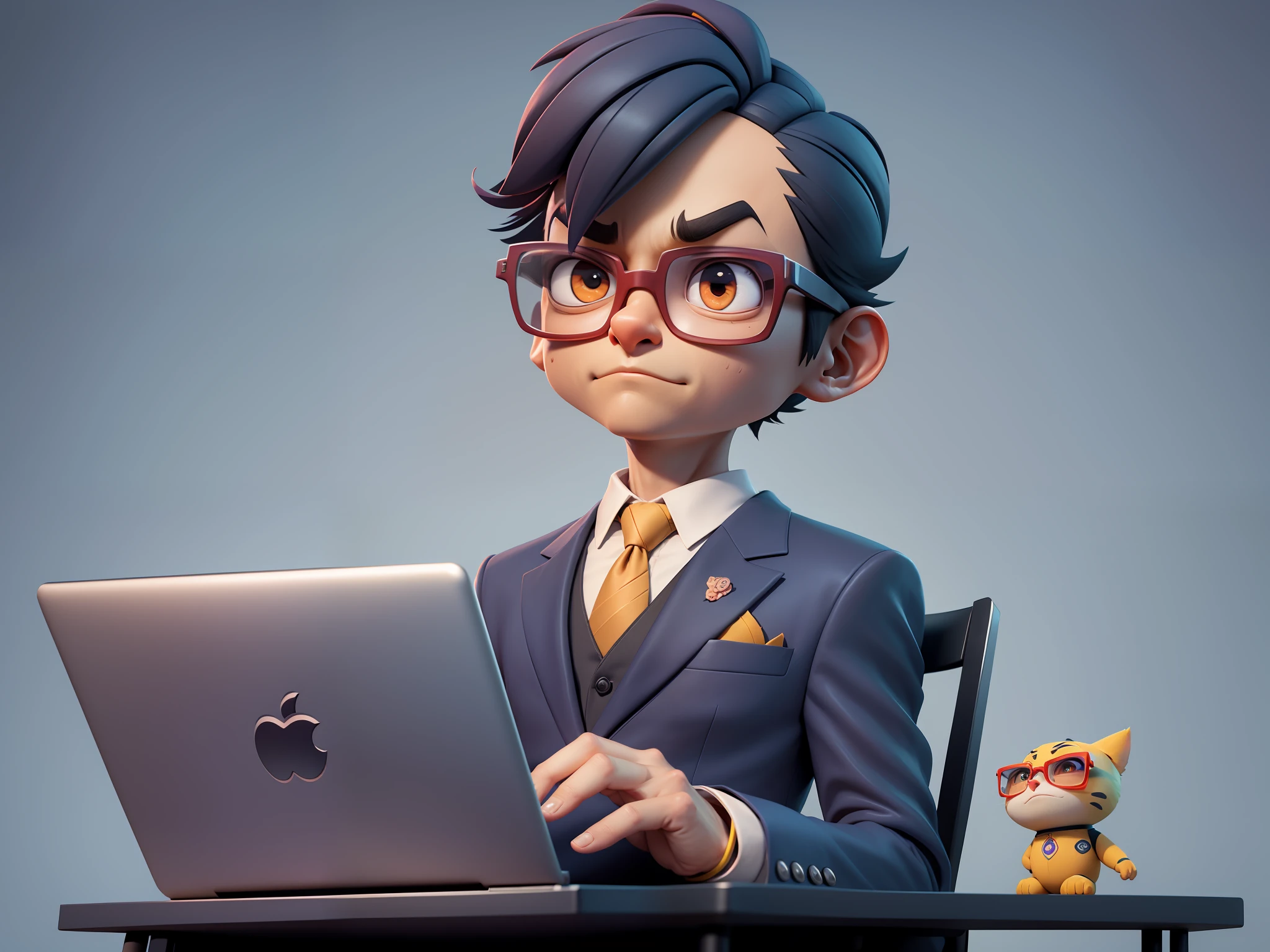 A young man in a suit, Short hair and glasses sat at his desk,holding laptop,digitial painting,tigre,3D character design by Mark Clairen and Pixar and Hayao Miyazaki and Akira Toriyama,4K HD illustration,Very detailed facial features and cartoon-style visuals。