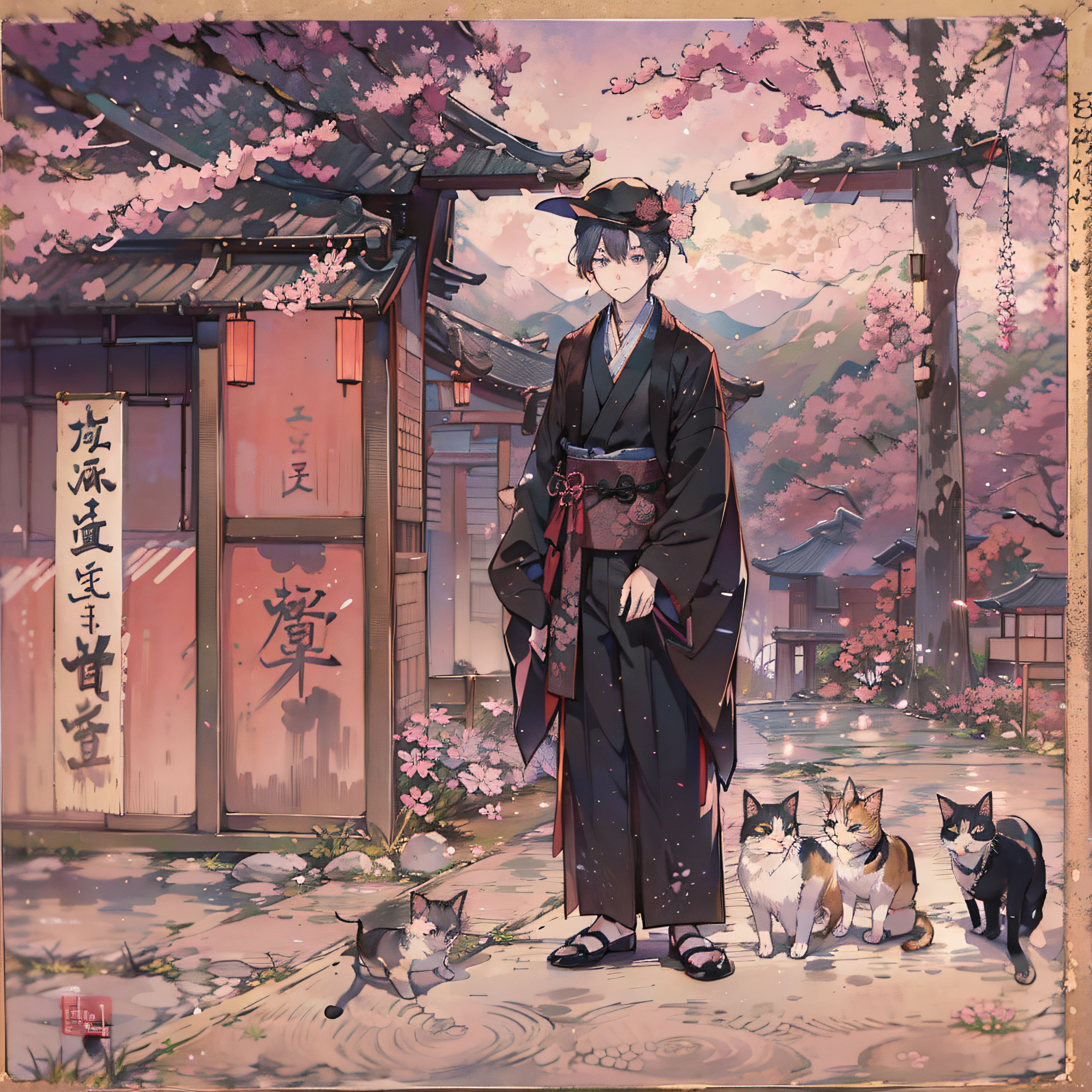 masterpiece、1 Youth、Young man with nervous expression、Young man with a melancholy expression、Young man in withered black suit and hat、Poor figure、Landscape with rusty shades、Old Japan landscape、kyoto、Meiji、Taisho、Taisho romance、stone pavement、Cats、top-quality、hightquality、