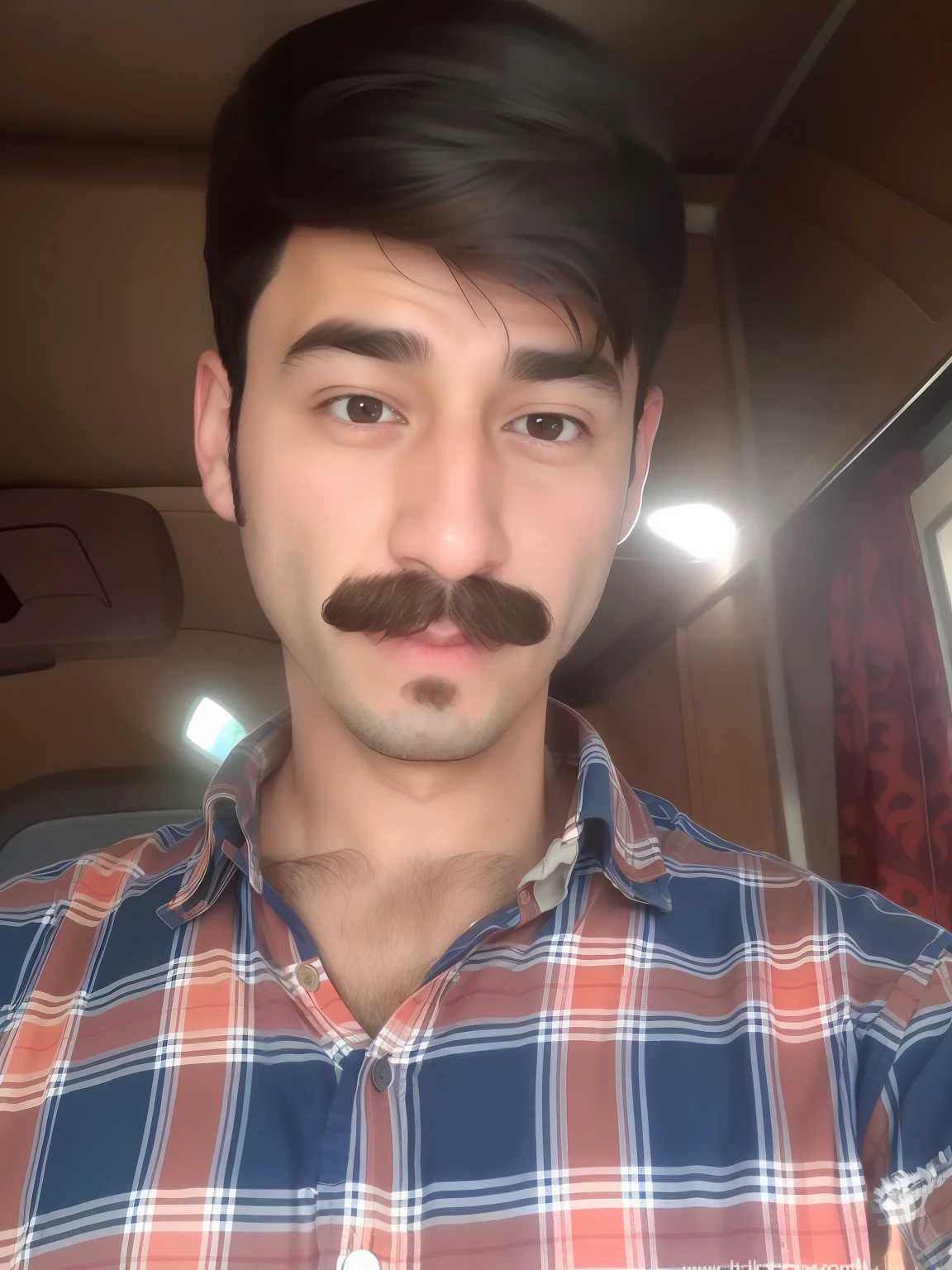 arafed man with a plaid shirt and a mustache looks at the camera, with accurate face, with kind face, without beard, around 1 9 , face picture, very very very beautifull face, front profile!!!!, good looking face, without helmet, very very low quality picture, very clear picture, ayan nag, harsh good looking face