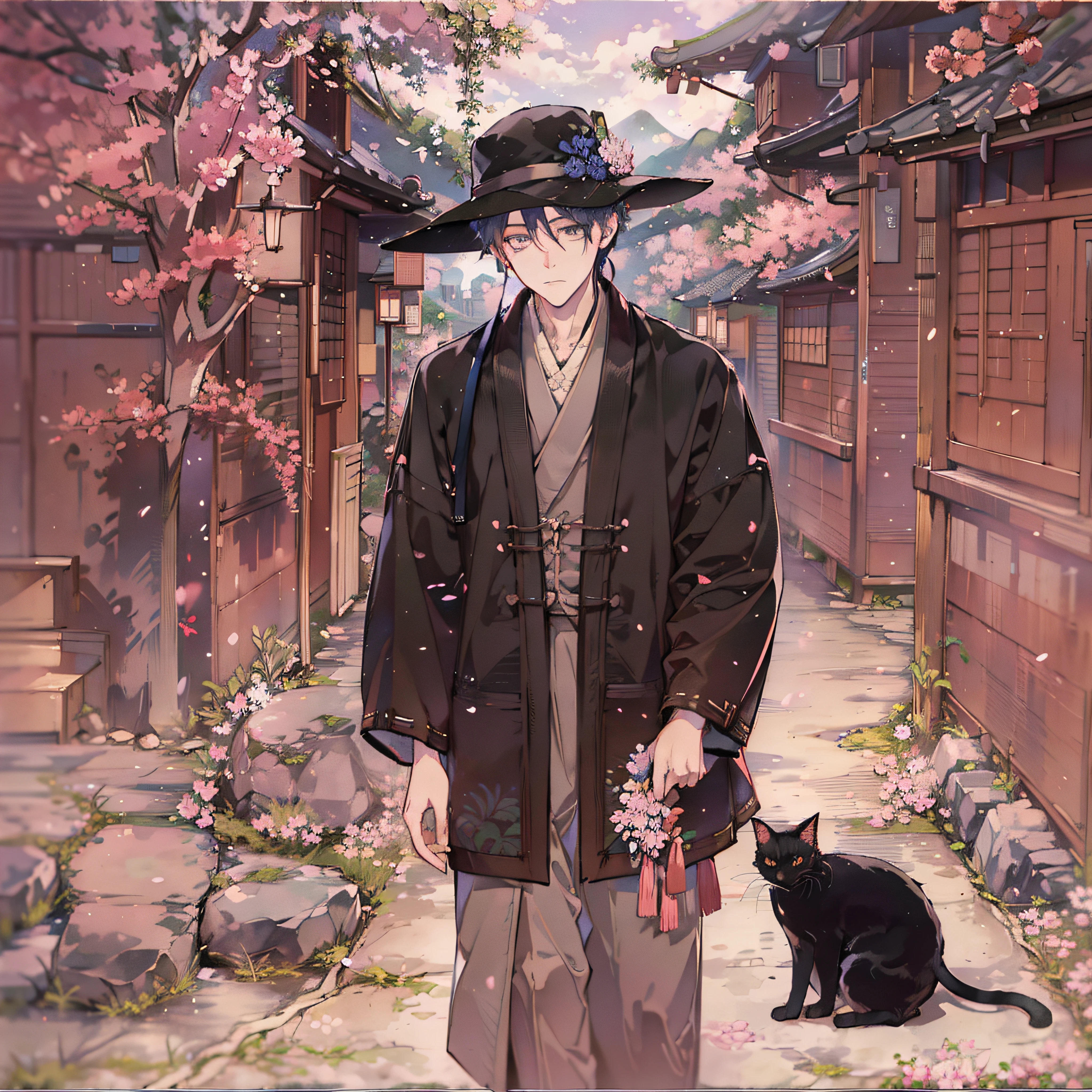 masterpiece、uth、Young man with nervous expression、Young man with a melancholy expression、Young man in withered black suit and hat、Poor figure、Landscape with rusty shades、Old Japan landscape、kyoto、Meiji、Taisho、Taisho romance、stone pavement、Cats、top-quality、hightquality、