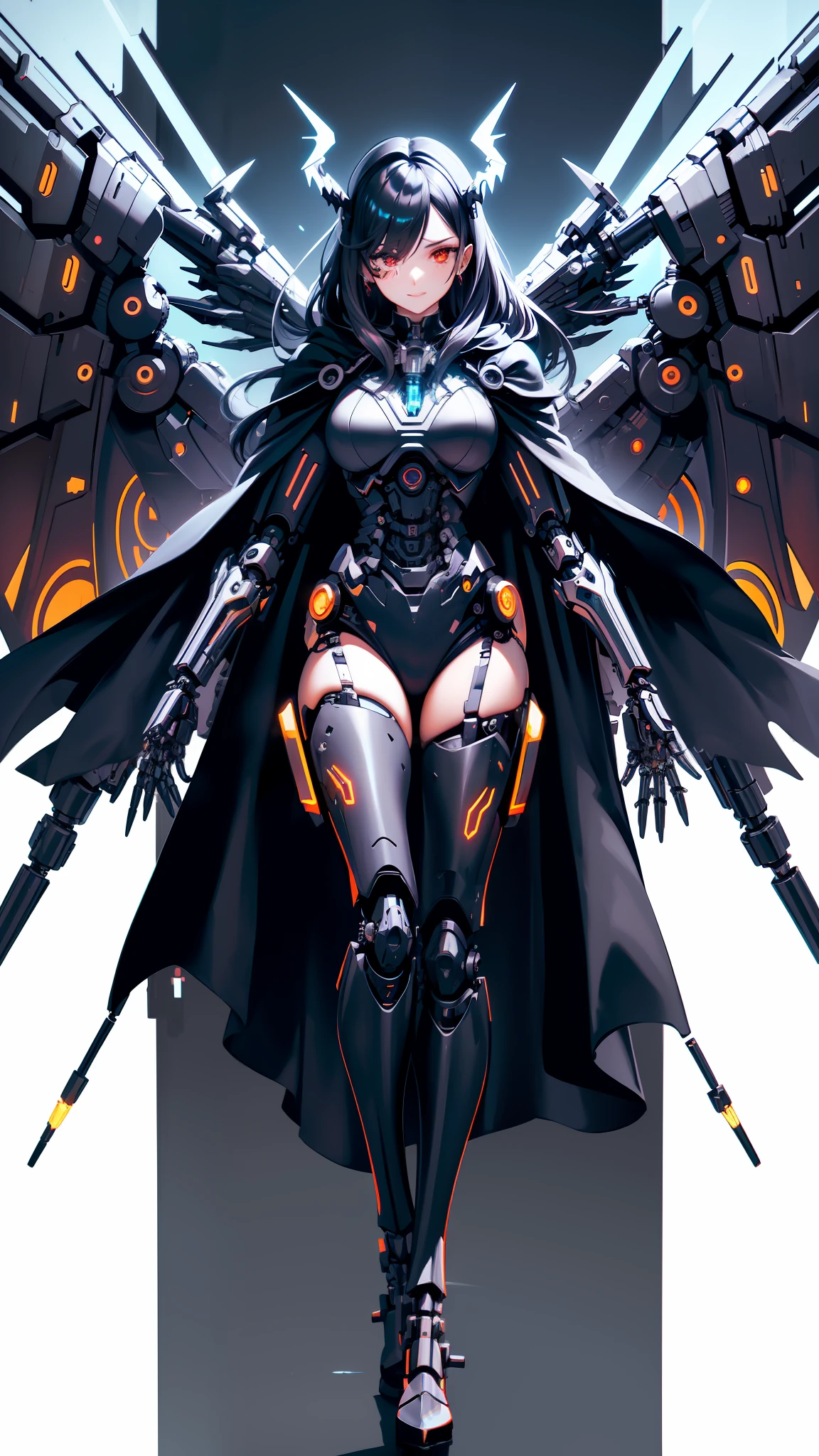 huhd,evil female cyborg with (Mechanical wings:1.4) Wearing (Black robes:1.2) (Cloak:1.2),mechanical leg,