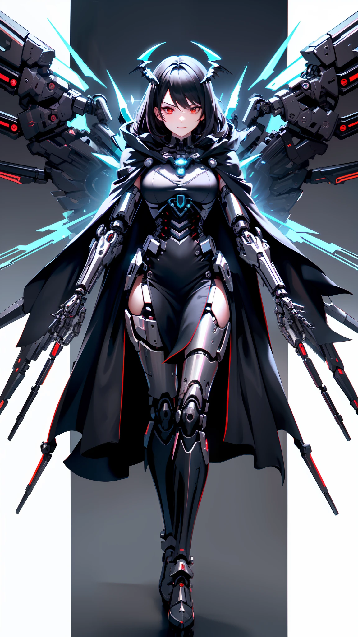 huhd,evil female cyborg with (Mechanical wings:1.4) Wearing (Black robes:1.2) (Cloak:1.2),mechanical leg,