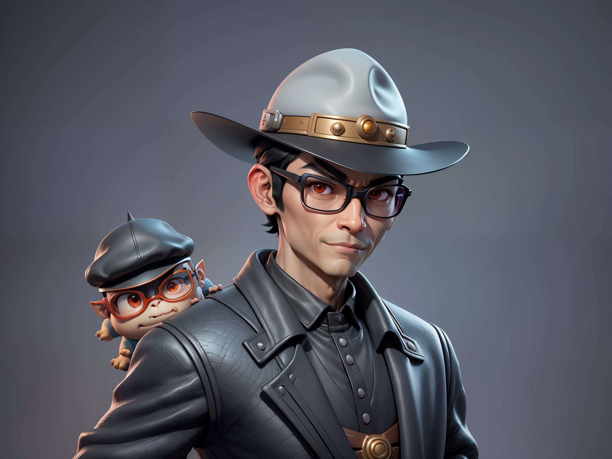 Young man with oriental face in leather hat, dragon, formal suit, short black hair, silver glasses, digital painting, 3D character design by Mark Clairedon and Pixar and Hayao Miyazaki and Akira Toriyama, the illustration is a high-definition illustration in 4K resolution with very detailed facial features and cartoon-style visuals.