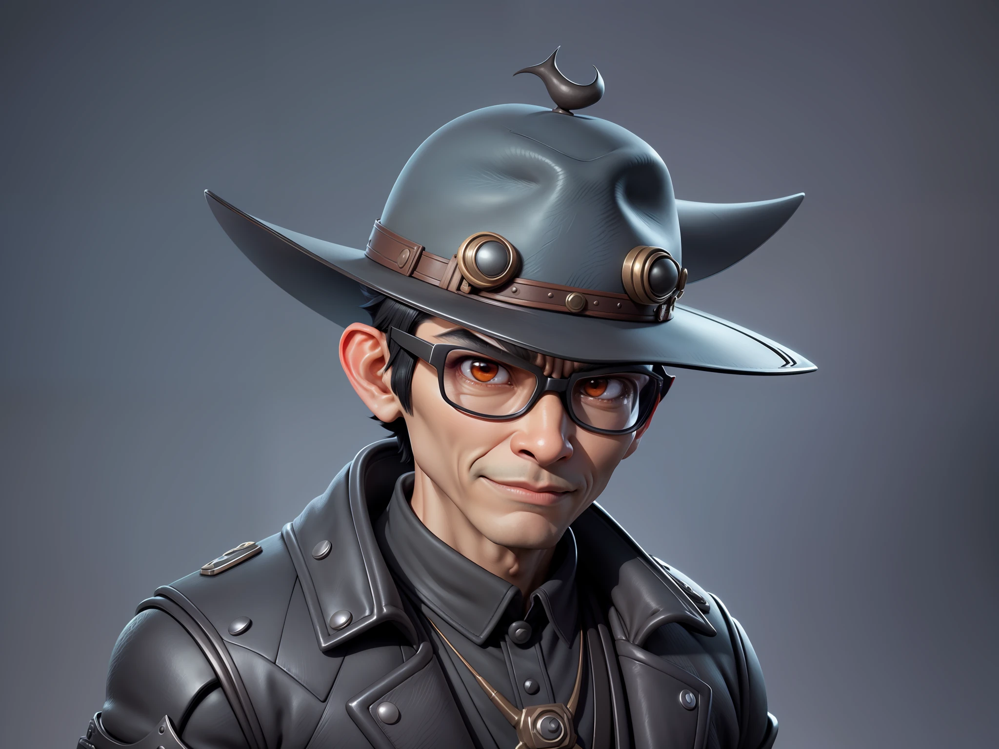Young man with oriental face in leather hat, dragon, formal suit, short black hair, silver glasses, digital painting, 3D character design by Mark Clairedon and Pixar and Hayao Miyazaki and Akira Toriyama, the illustration is a high-definition illustration in 4K resolution with very detailed facial features and cartoon-style visuals.
