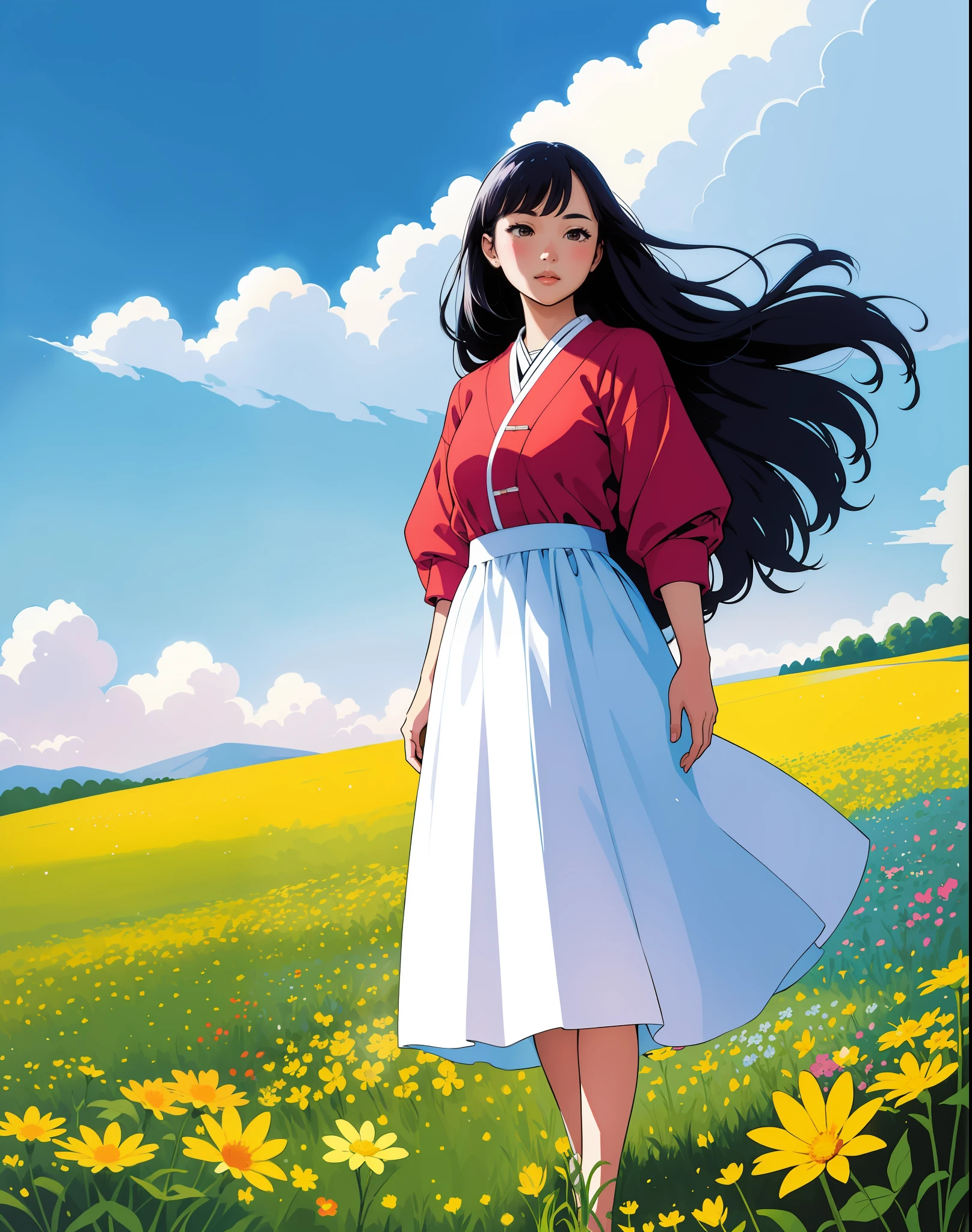 analog proto, (comic illustration:1.2) beautiful young girl standing in a field of colourful flowers, 夏天, beautiful lighting, (fotorrealista, foco nítido), ultra detalhado, Closeup