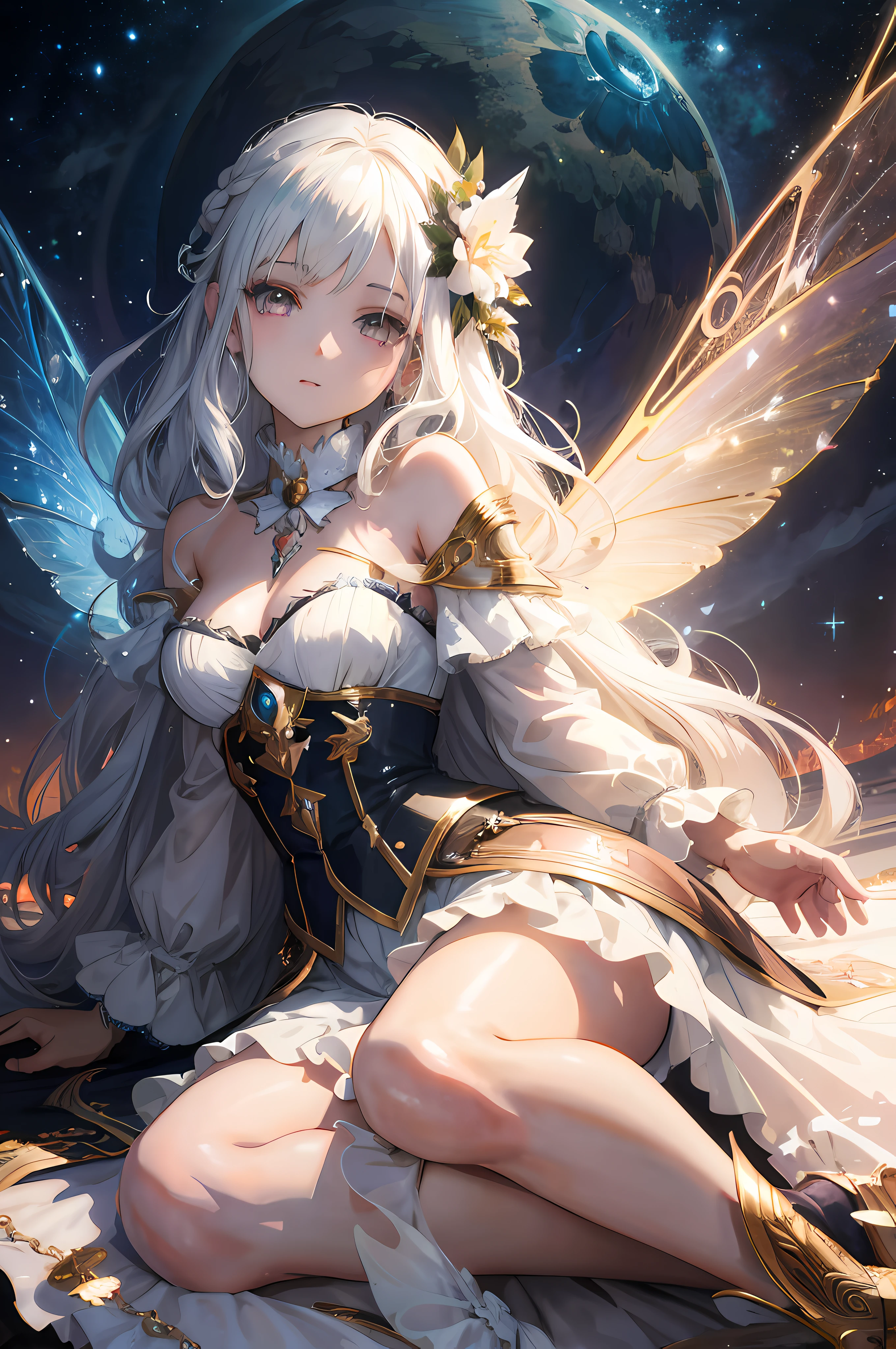 Anime girl with white hair and wings sitting on bed, Anime fantasy artwork, portrait of a fairy, portrait of fairy, Anime fantasy illustration, 2. 5 D CGI anime fantasy artwork, beautiful fantasy anime, Fantasy art style, Guweiz in Pixiv ArtStation, Beautiful fairy, 8K high quality detailed art, astral fairy, Fanart Meilleure ArtStation