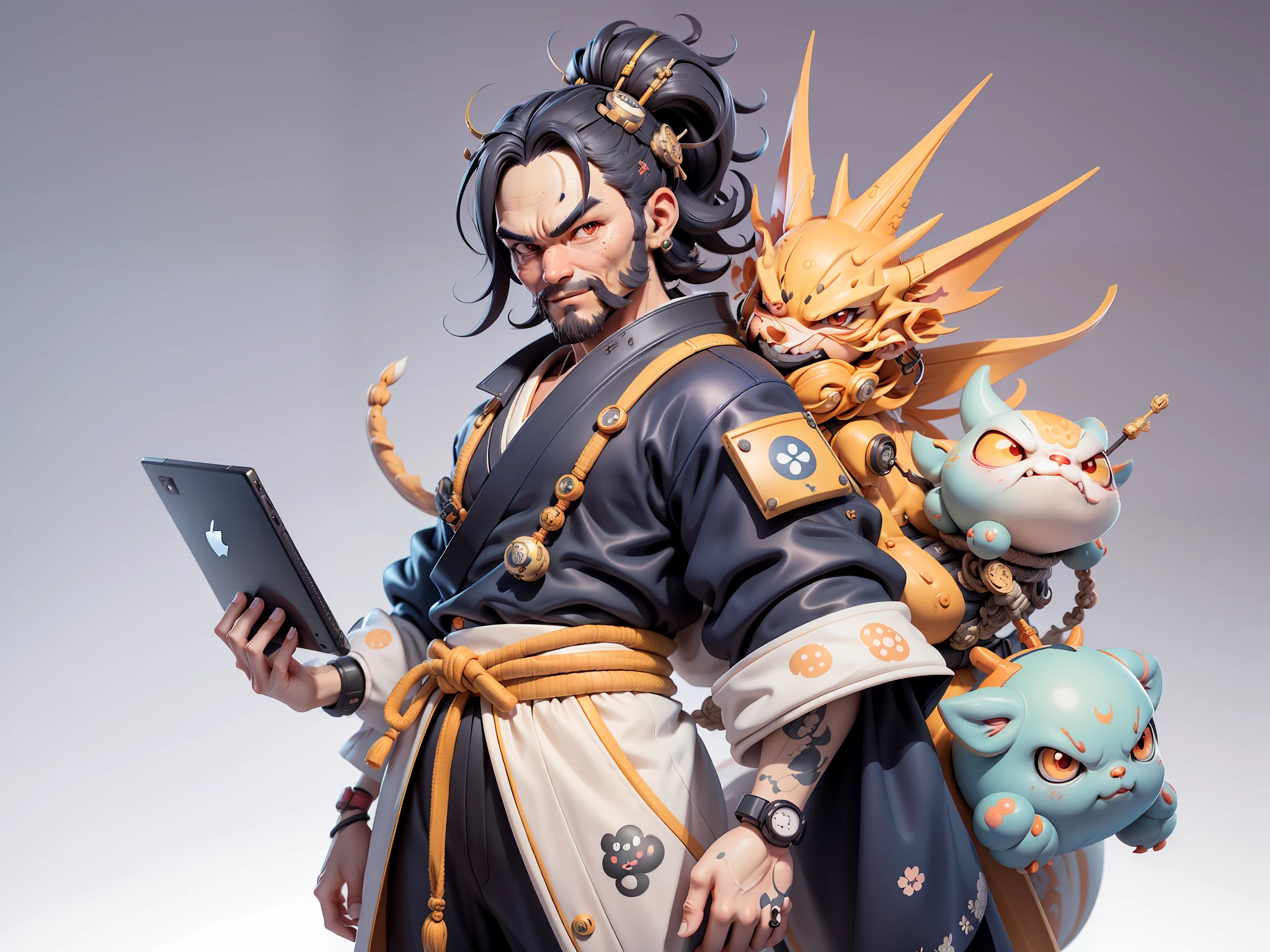 (Daisaku),(Need),(Super meticulous),(full bodyesbian:1.2),Japanese ukiyo-e girl,japanese geisha,Beautiful,Oriental dragon,Aeolian Thor,Raised sexy,爆乳,Oriental face,TV Anchor,Bust portrait illustration,Alone,In black suit,a blue tie,The face is slightly chubby,The face was clean,without a beard,Black super short hair,Black eyes,Smile confidently,3C computer sub-products,iPad, iphone,Digital painting,3D character design by Mark Clairen and Pixar and Hayao Miyazaki and Akira Toriyama,The illustration is a high-definition illustration in 4K resolution,With very detailed facial features and cartoon-style visuals。