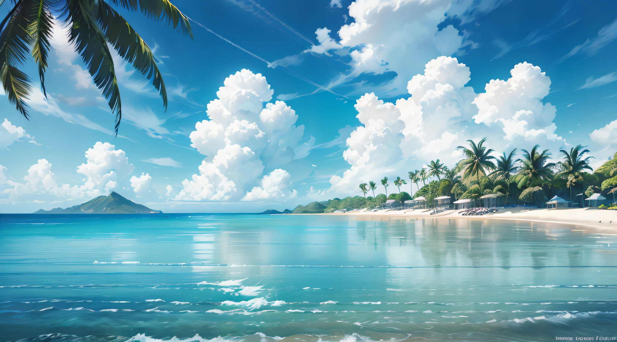 summer, seaside, island, clear water, blue gradient water, transparent water, girl in swimsuit, island, coconut palm, paradise, big clouds, blue sky, hot weather, HD detail, hyper detail, movie, surrealism, soft light, deep field focus bokeh, distant snowy mountain, ray tracing, surrealism. --v 6