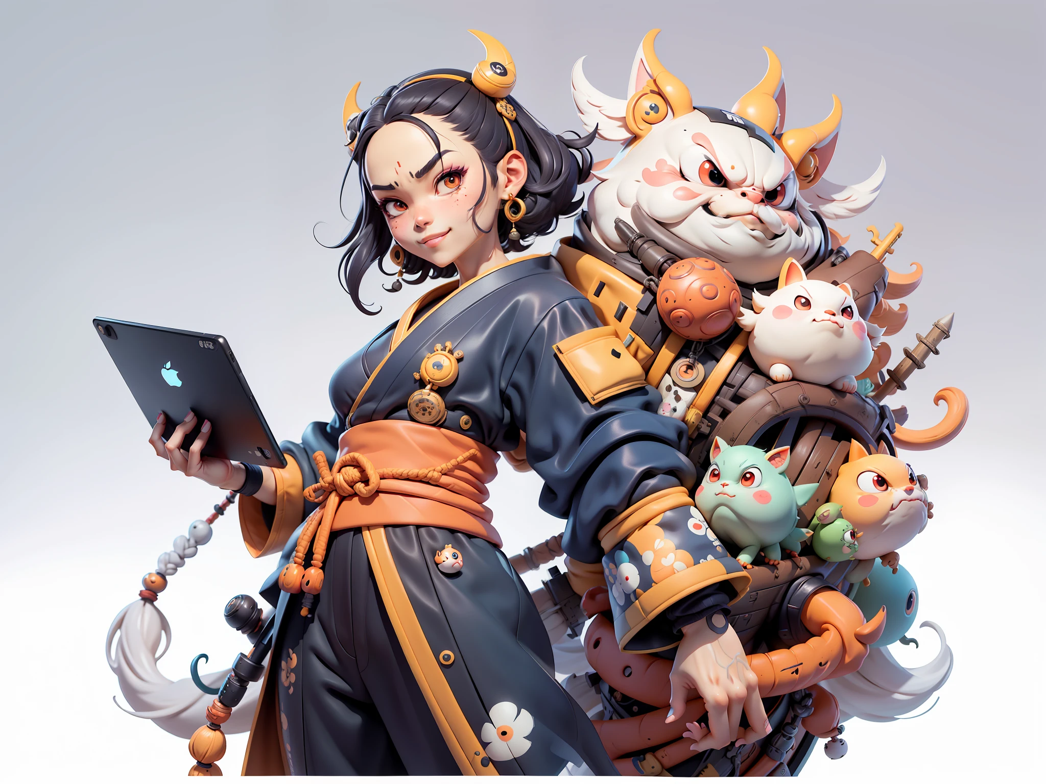 (Daisaku),(Need),(Super meticulous),(full bodyesbian:1.2),Japanese ukiyo-e girl,japanese geisha,Beautiful,Oriental dragon,Aeolian Thor,Raised sexy,爆乳,Oriental face,TV Anchor,Bust portrait illustration,Alone,In black suit,a blue tie,The face is slightly chubby,The face was clean,without a beard,Black super short hair,Black eyes,Smile confidently,3C computer sub-products,iPad, iphone,Digital painting,3D character design by Mark Clairen and Pixar and Hayao Miyazaki and Akira Toriyama,The illustration is a high-definition illustration in 4K resolution,With very detailed facial features and cartoon-style visuals。