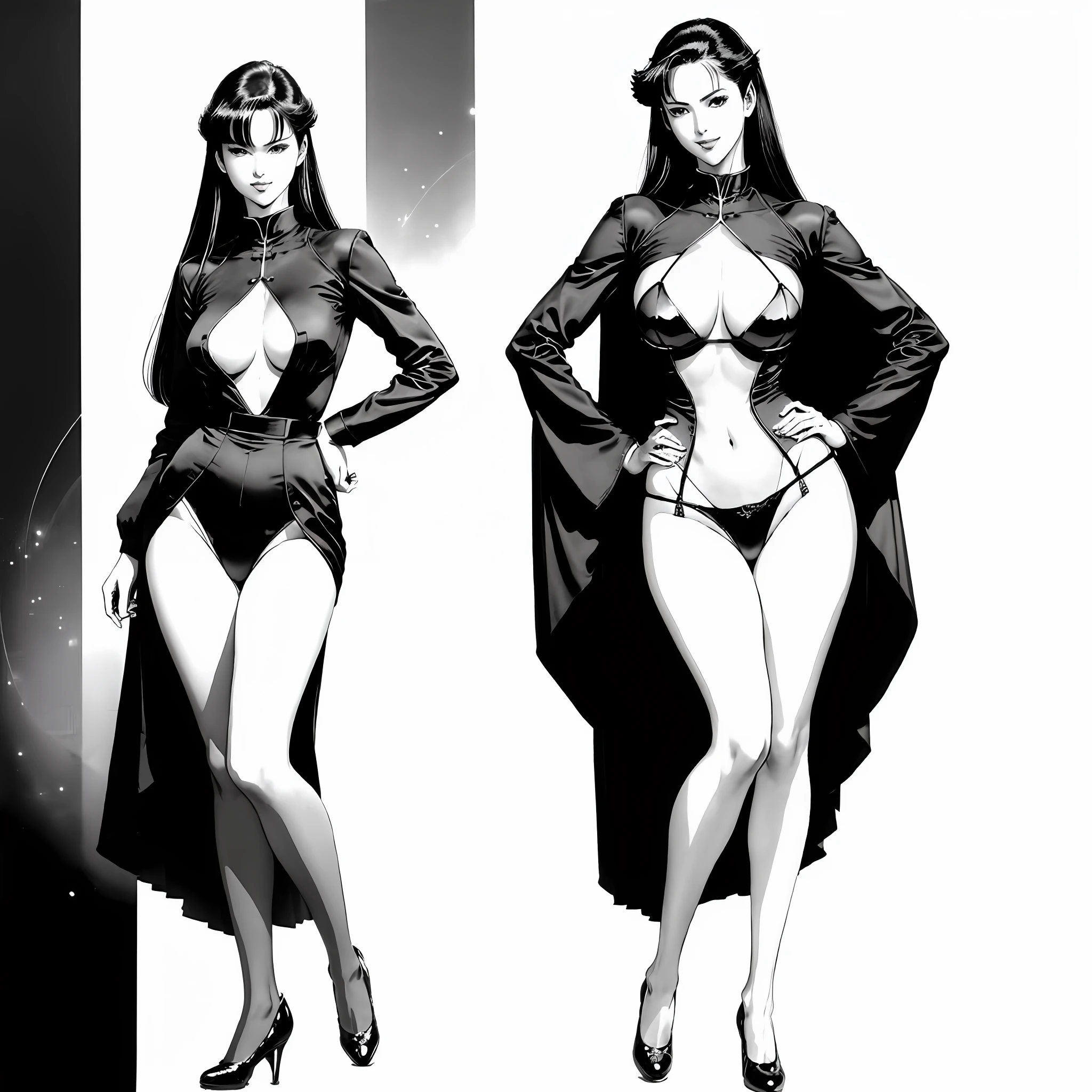 best qualtiy， tmasterpiece，Super anime art，Retro anime art， Line art，超高分辨率， realisticlying， 1. Mature sexy woman， Large breasts，long leges，180cm tall，perfect bodies，standing full-body， ssmile，Raised sexy，Erotic，Titillating