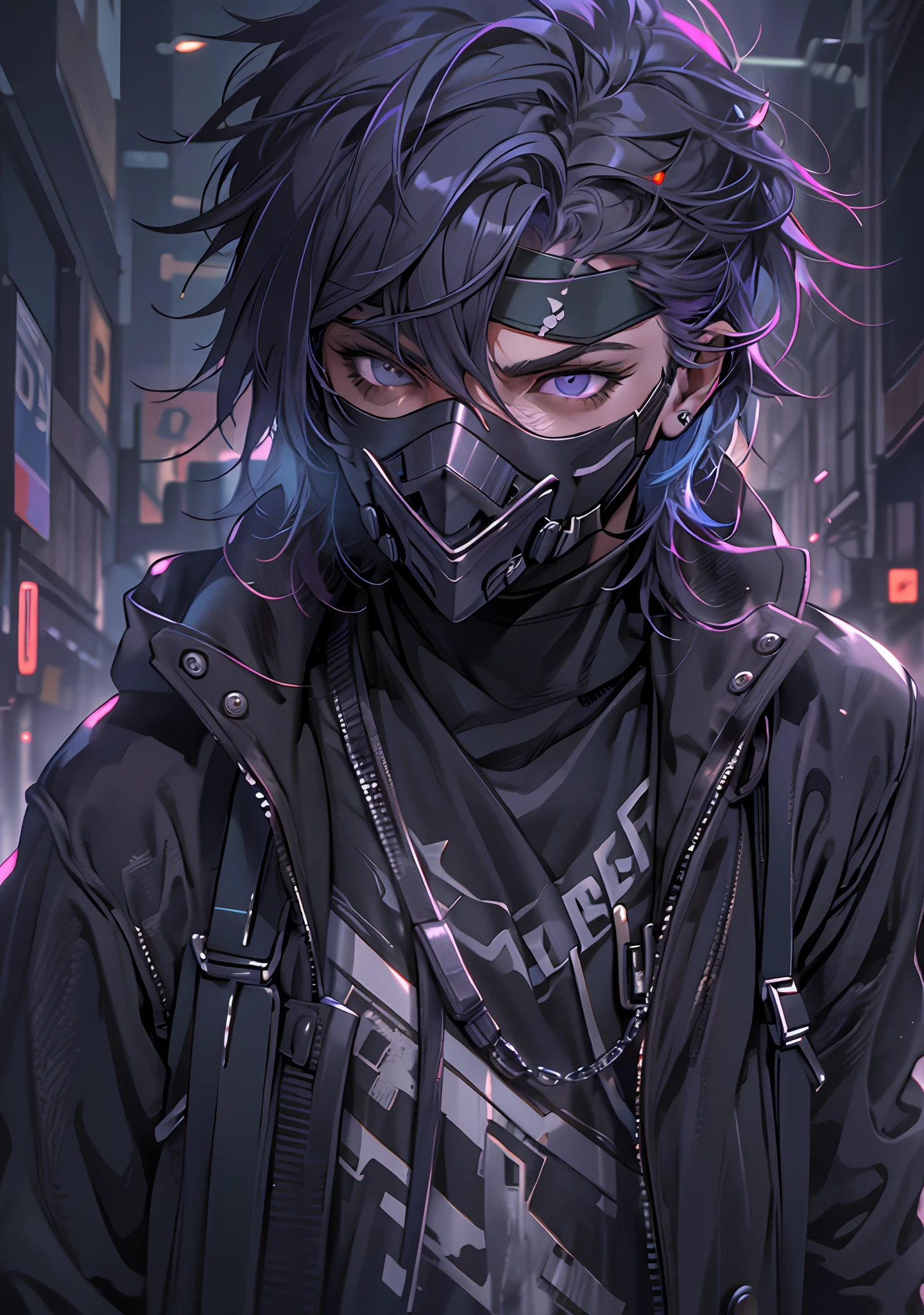 ultra detail, high resolution, ultra detailed, best quality, amazing, top quality, extremely detailed CG 8k wallpaper unit, cinematic lighting, cyberpunk, dark boy, trash gang face mask, 25 purple hair boy, blind with a black bandana covering his eyes