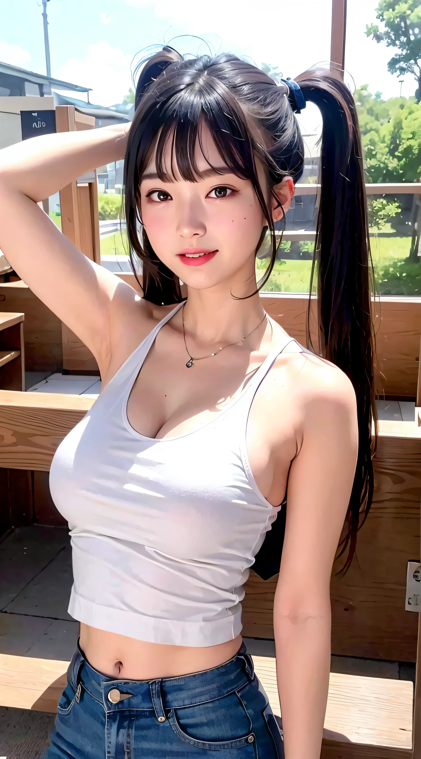 ((top-quality、in 8K、​masterpiece:1.3, Photorealsitic:1.4, Realistic human skin)), White sandy beach, Standing, Full body, Japanese high school  girl, 1 female, A dark-haired, With bangs, Medium-sized breasts, cleavage, ((white tank tops:1.2, shortpants, twintails hairstyle, Black eyes)), armpits, a baby face, with round face, Highly detailed facial and skin texture, A detailed eye, Detailed lips、Highly detailed hair depiction, Natural makeup:1.2, A smile,
