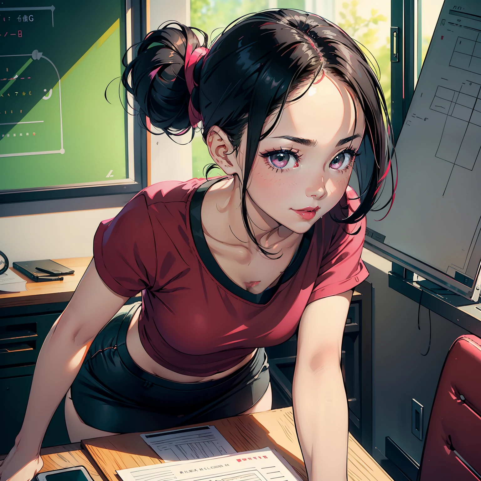Sexy young woman, black hair neatly pulled into a bun, long forehead, small seductive eyes, medium nose, red lips smiling, deep pink blush, fair skin, wearing a bluish-green t shirt and black miniskirt, leaning on a desk towards the viewer