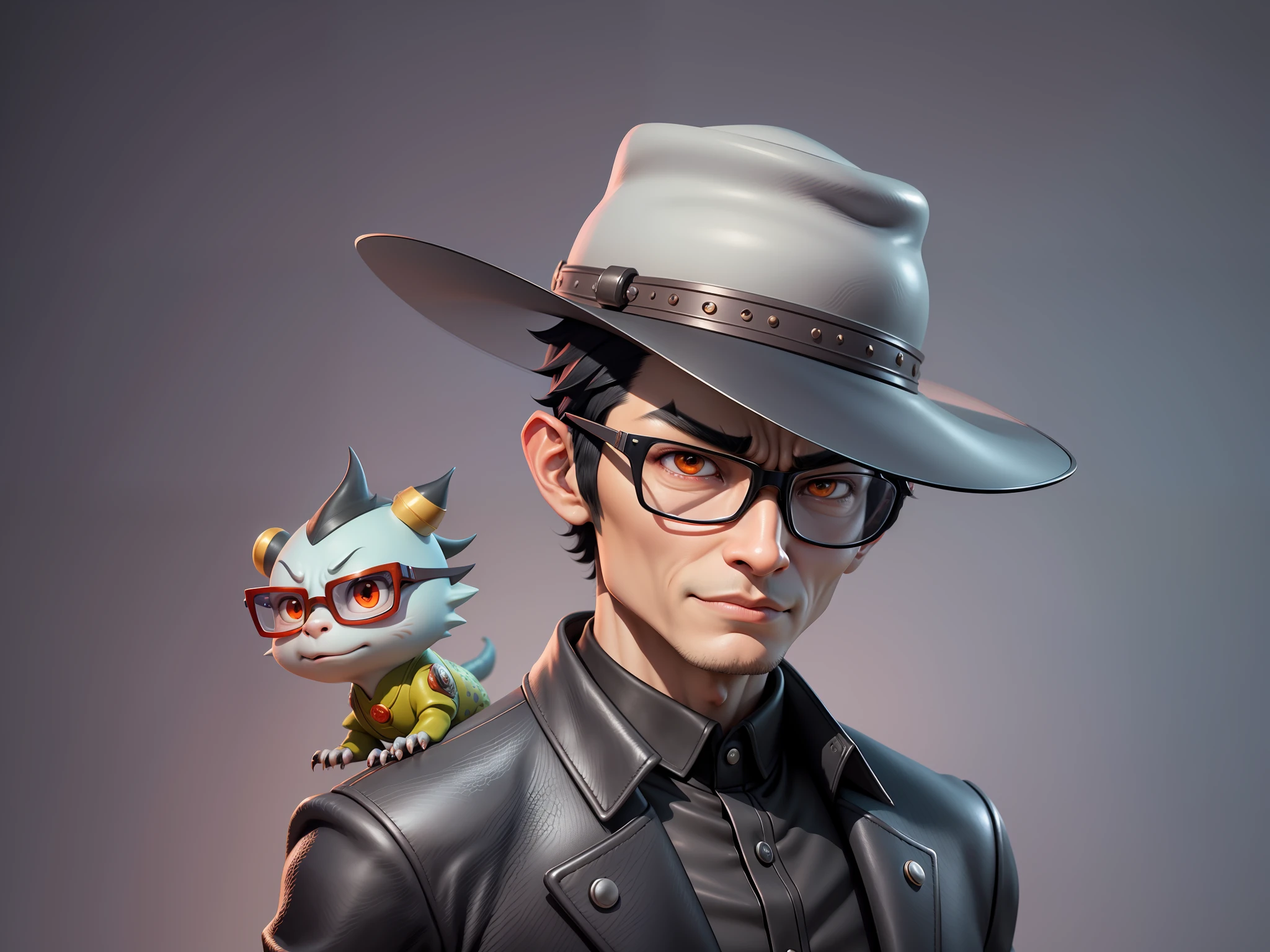 Young man with oriental face in leather hat, dragon, formal suit, short black hair, silver glasses, digital painting, 3D character design by Mark Clairedon and Pixar and Hayao Miyazaki and Akira Toriyama, the illustration is a high-definition illustration in 4K resolution with very detailed facial features and cartoon-style visuals.