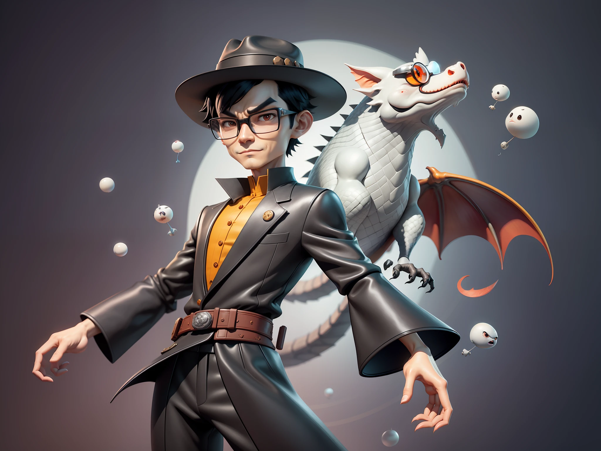 Young man with oriental face in leather hat, dragon, formal suit, short black hair, silver glasses, digital painting, 3D character design by Mark Clairedon and Pixar and Hayao Miyazaki and Akira Toriyama, the illustration is a high-definition illustration in 4K resolution with very detailed facial features and cartoon-style visuals.